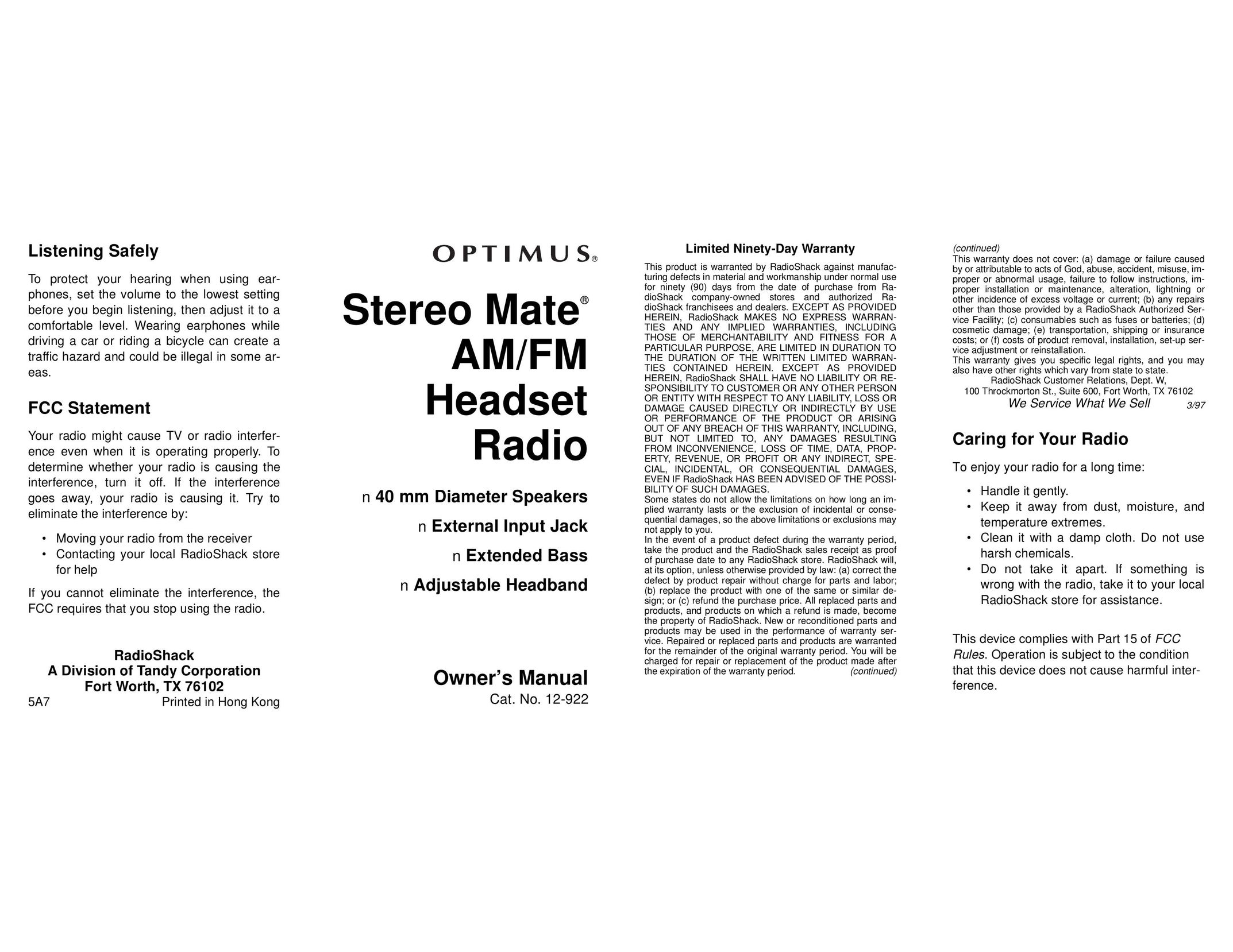 Radio Shack 12-922 Radio User Manual