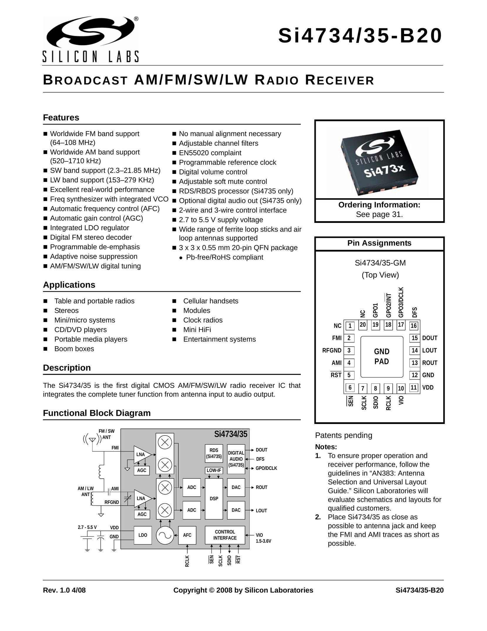 Silicon Laboratories SI4734/35-B20 Radio User Manual