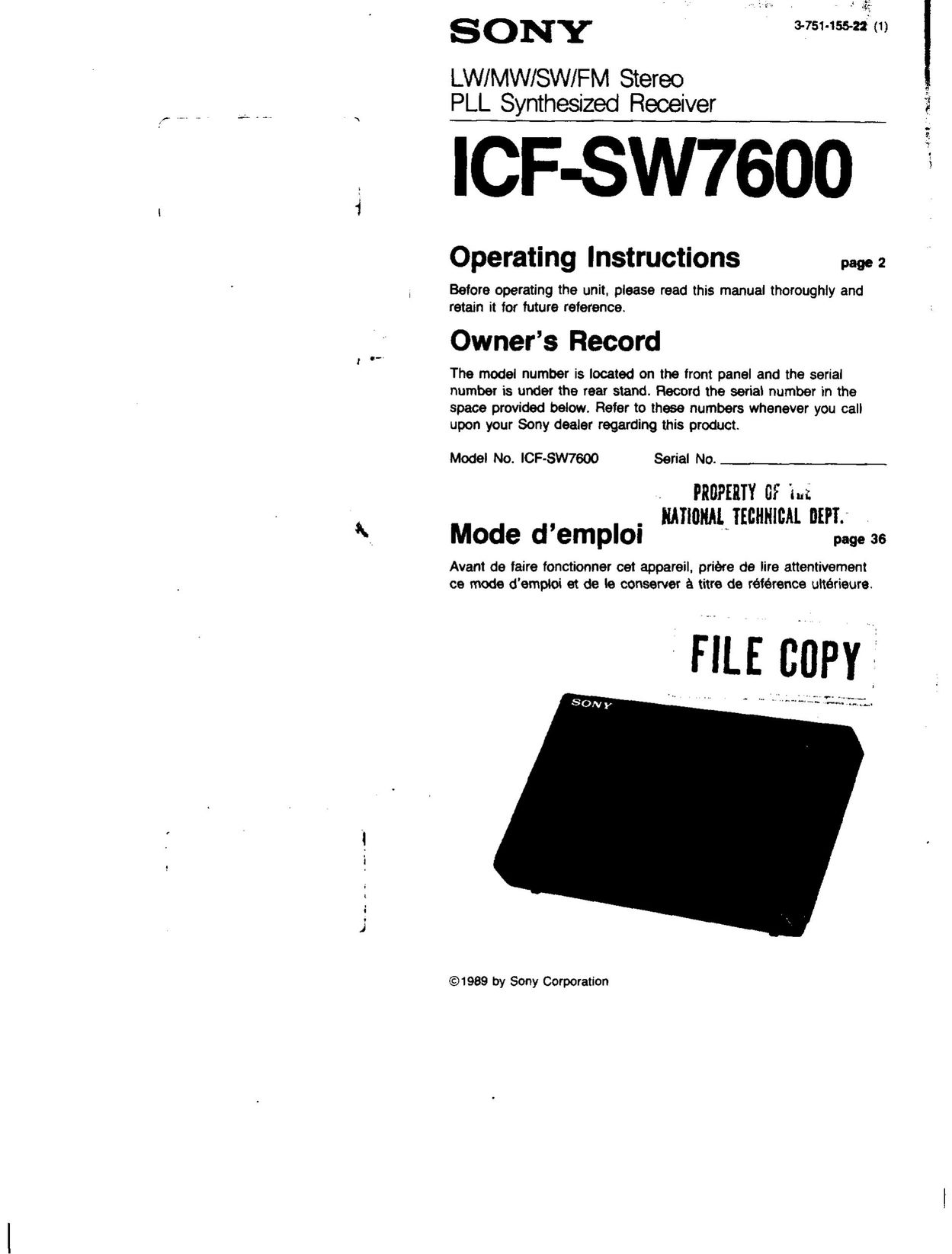 Sony ICF-SW7600 Radio User Manual
