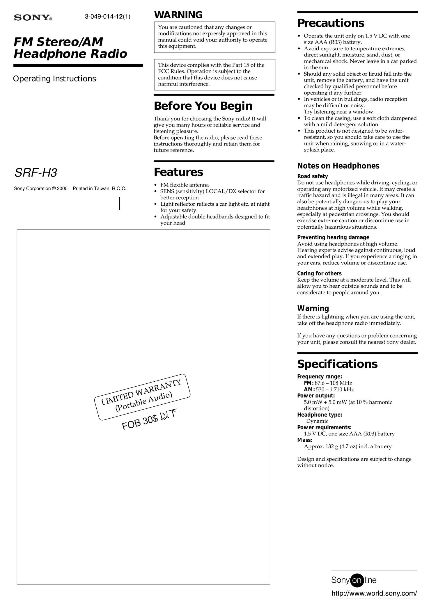 Sony SRF-H3 Radio User Manual