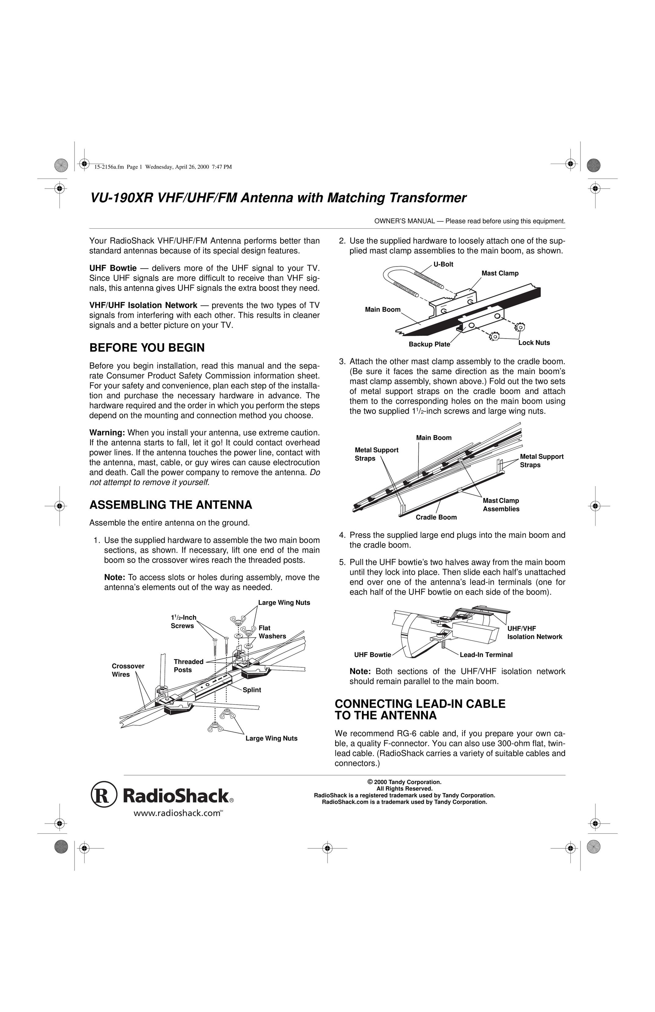 Radio Shack VU-190XR Radio Antenna User Manual