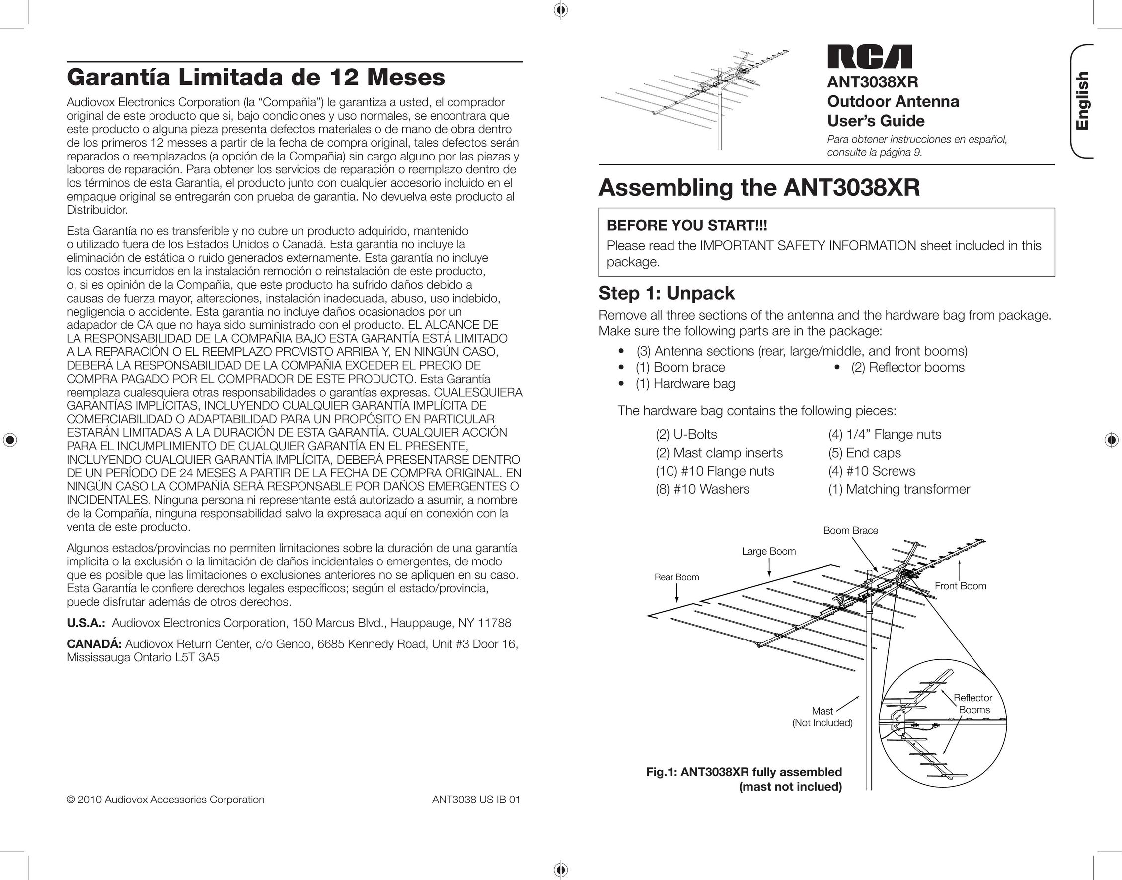 RCA ANT3038XR Radio Antenna User Manual