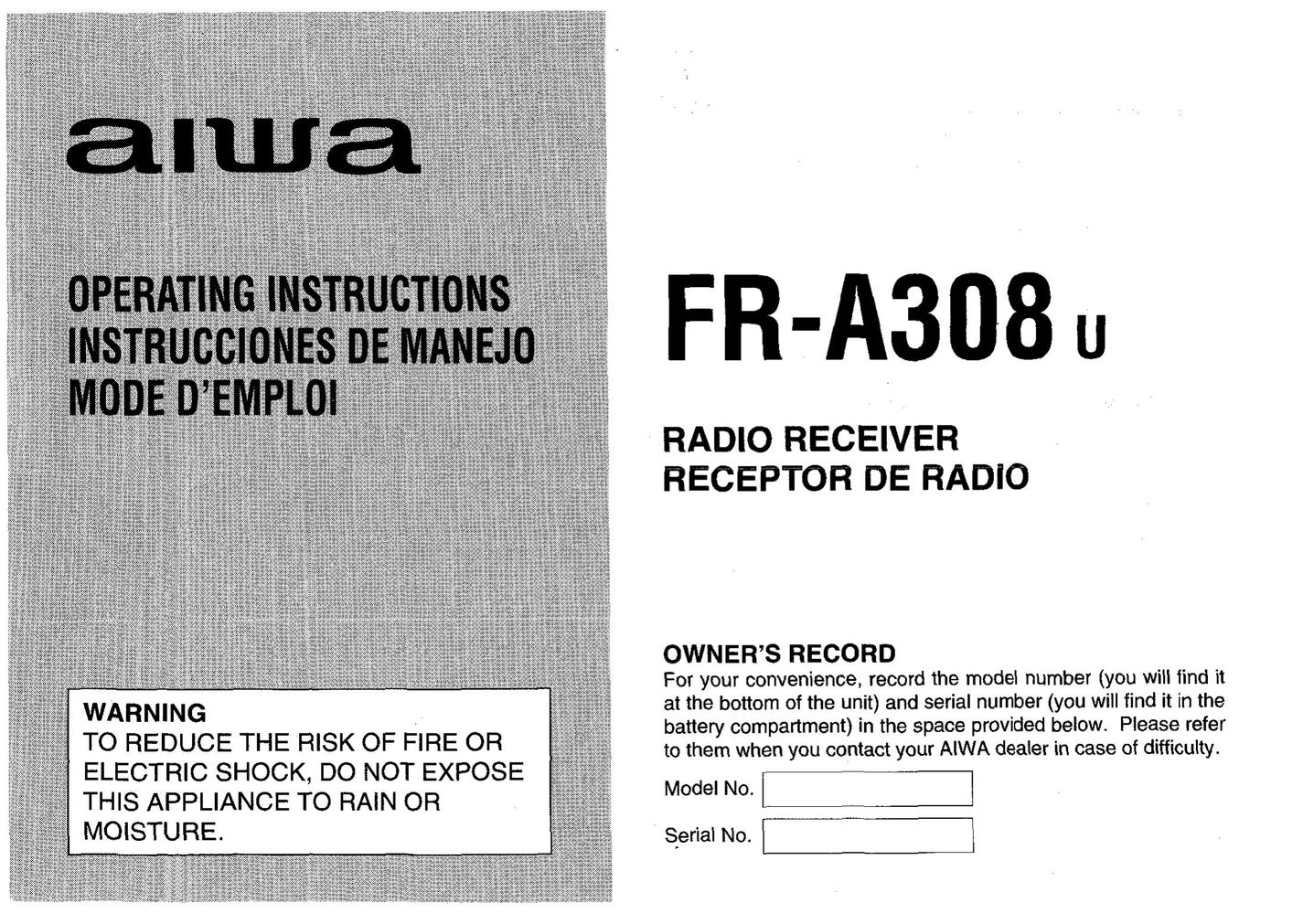 Aiwa FR-A308U Satellite Radio User Manual