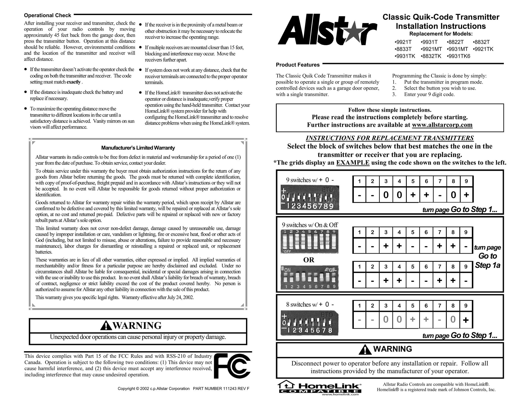 Allstar Products Group 8832TK Satellite Radio User Manual