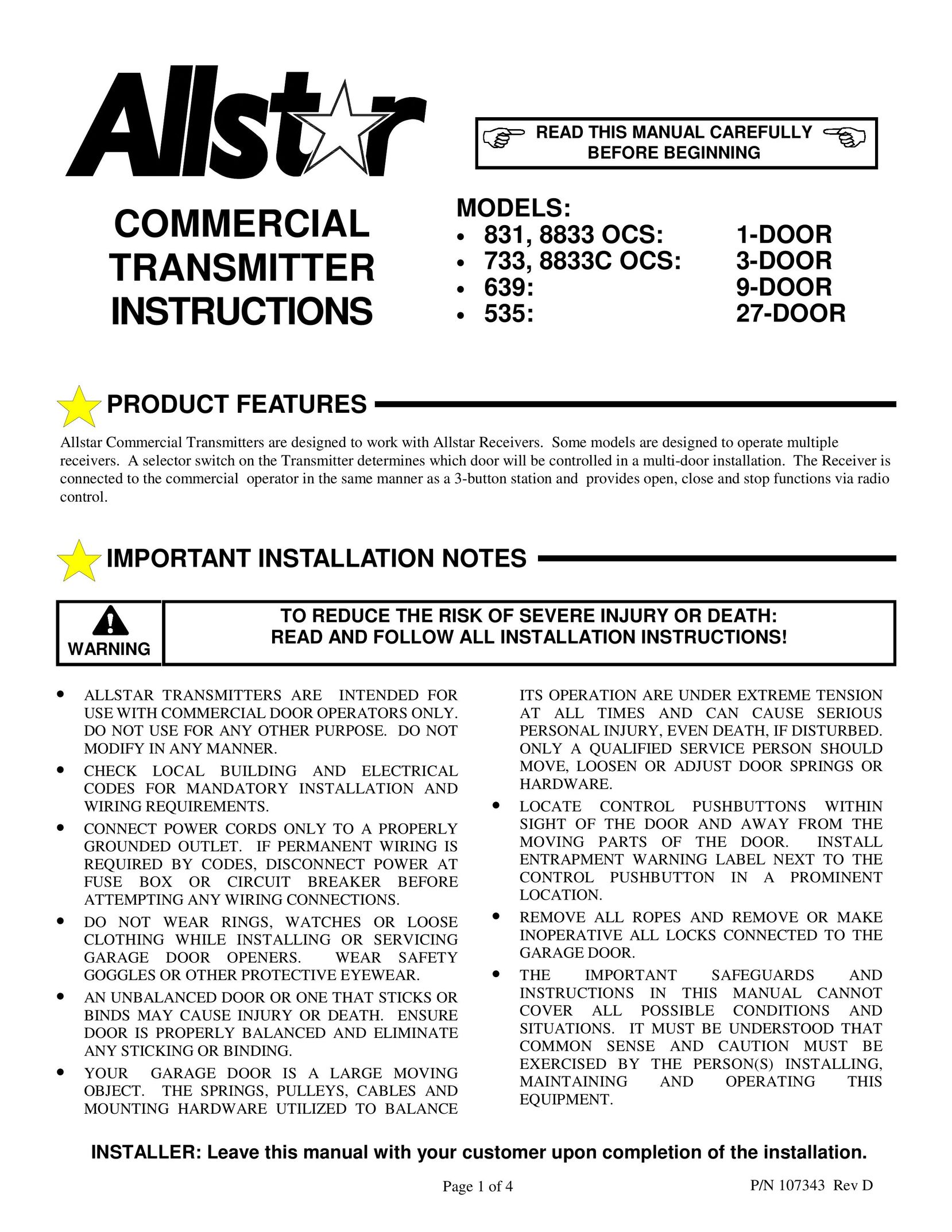 Allstar Products Group 8833 OCS Satellite Radio User Manual