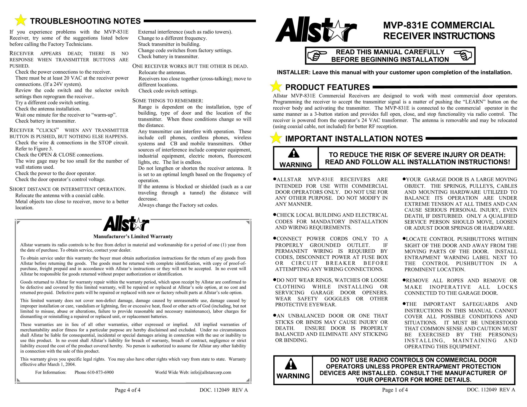 Allstar Products Group MVP-831E Satellite Radio User Manual