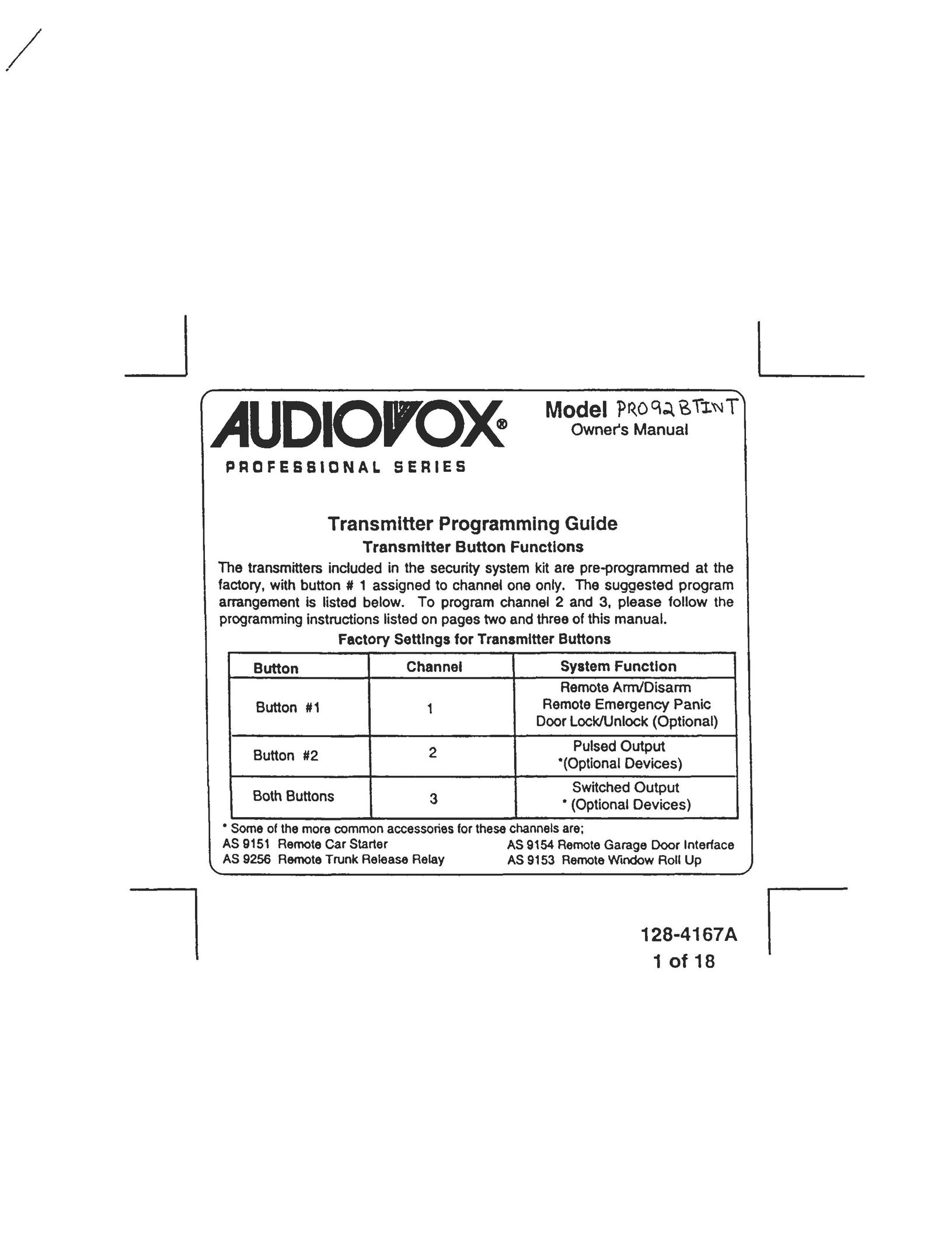 Audiovox PRO92BTINT Satellite Radio User Manual