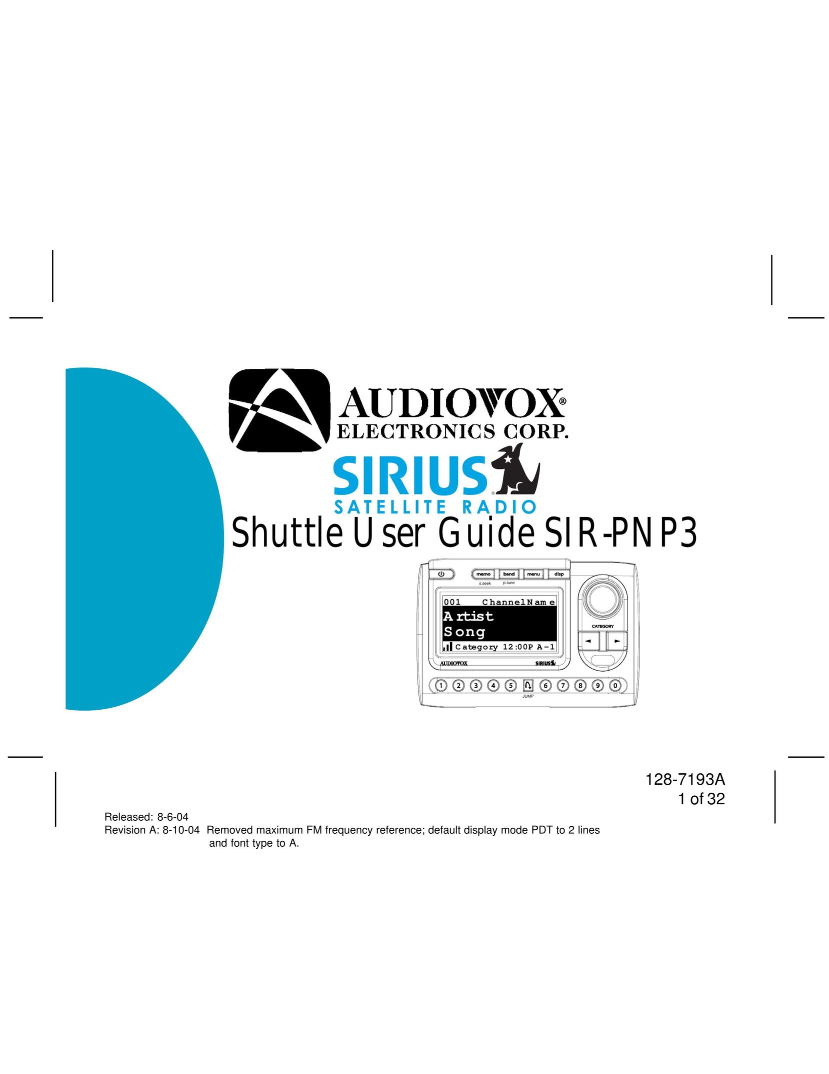 Audiovox SIRPNP3 Satellite Radio User Manual