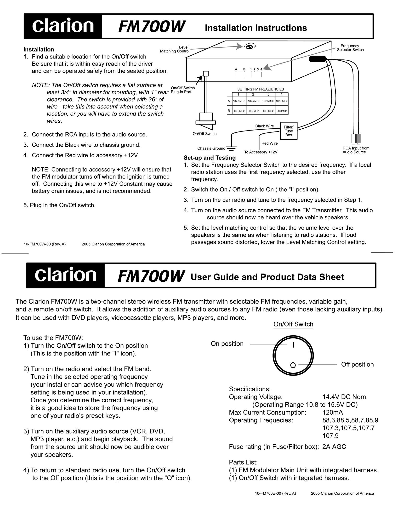 Clarion FM700W Satellite Radio User Manual