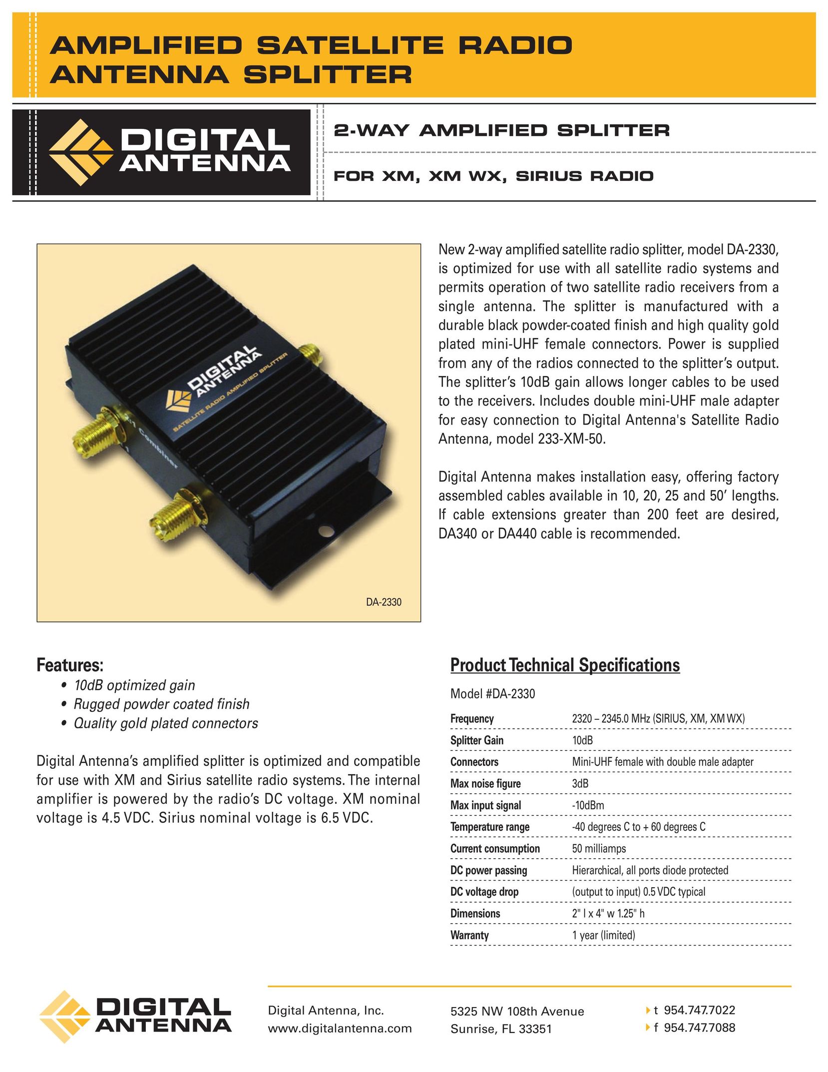 Digital Antenna DA-2330 Satellite Radio User Manual