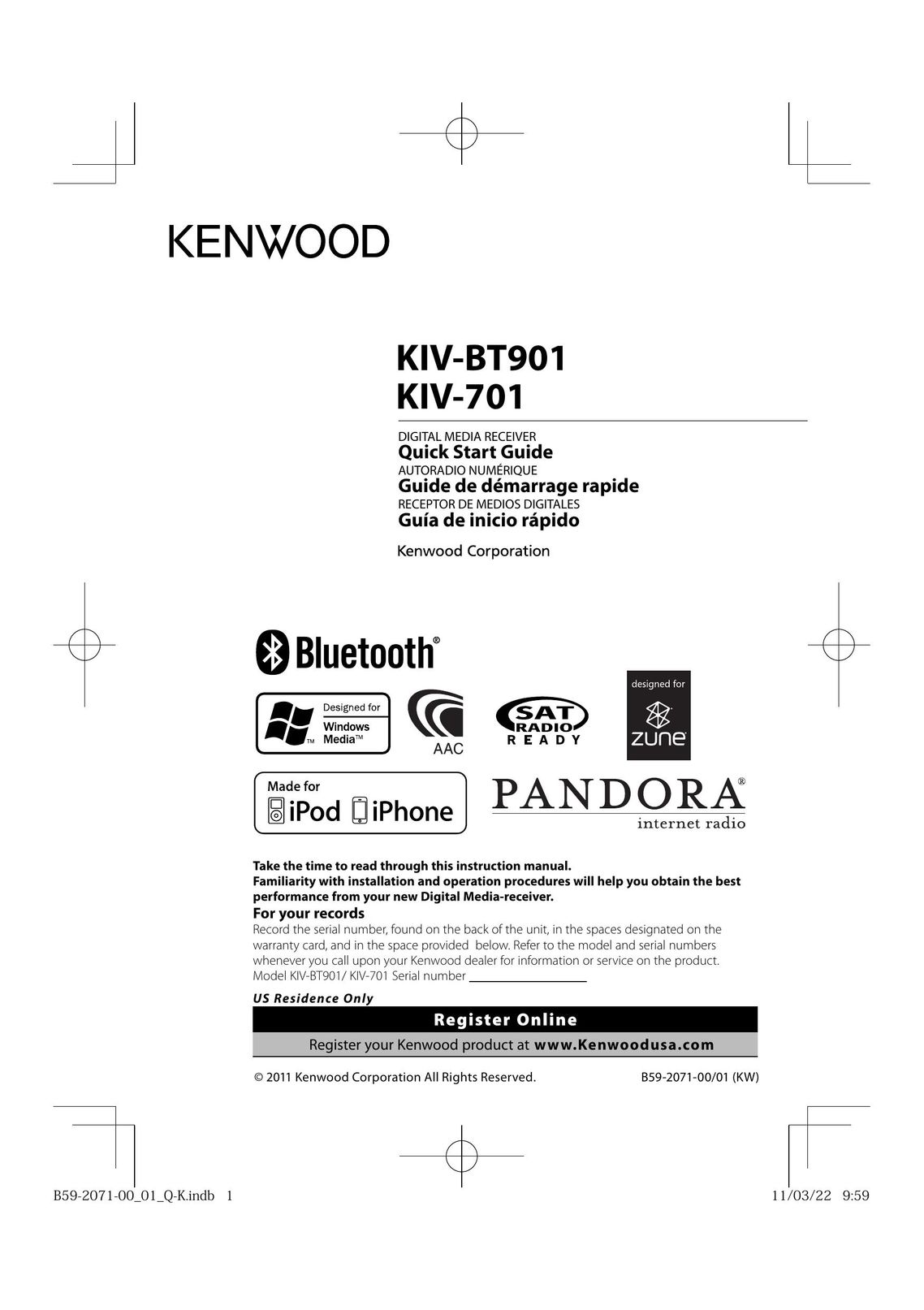 Kenwood KIV-BT901 Satellite Radio User Manual
