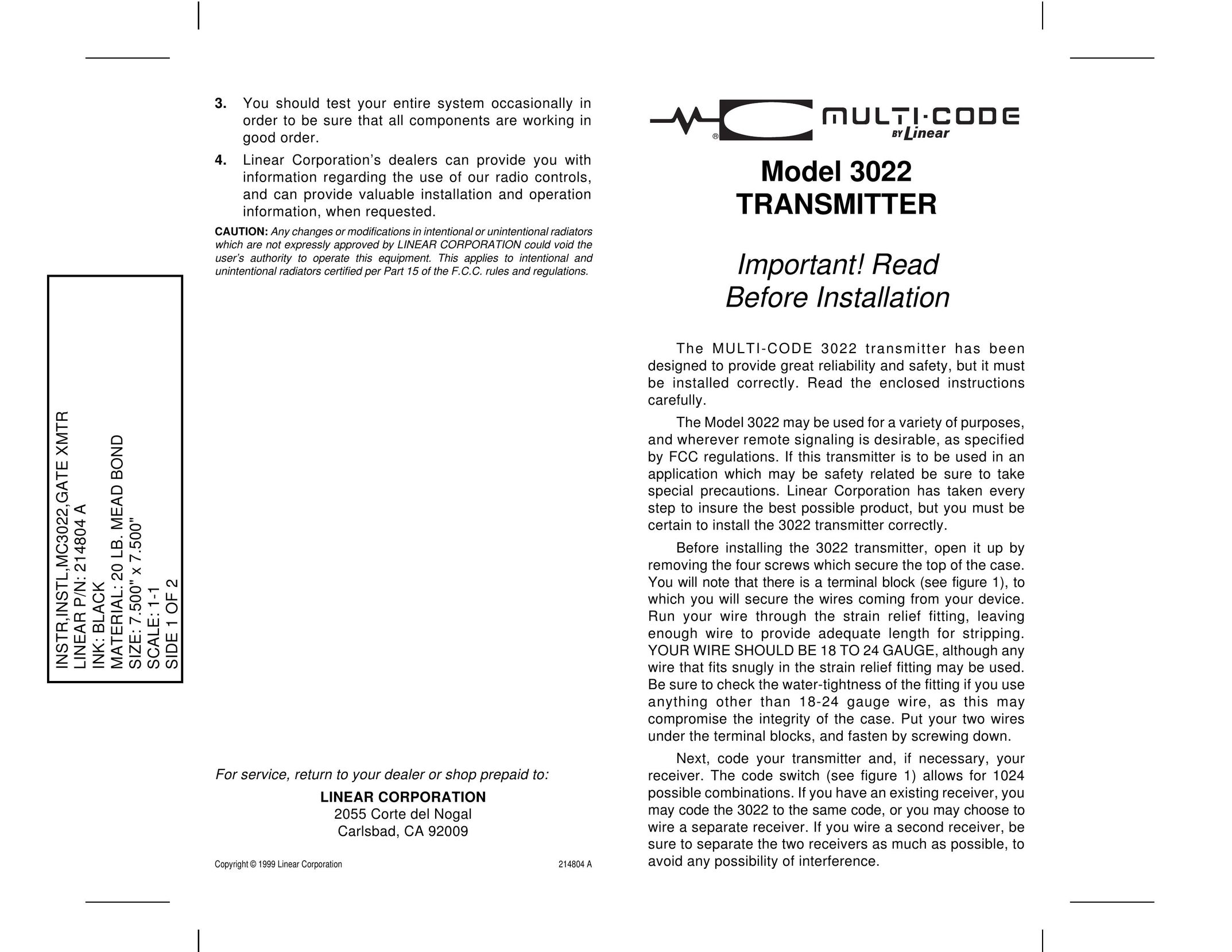 Linear 3022 Satellite Radio User Manual