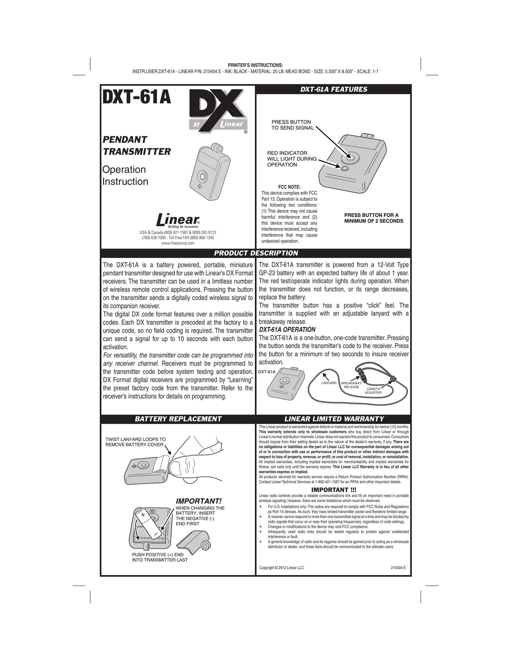 Linear DXT-61A Satellite Radio User Manual