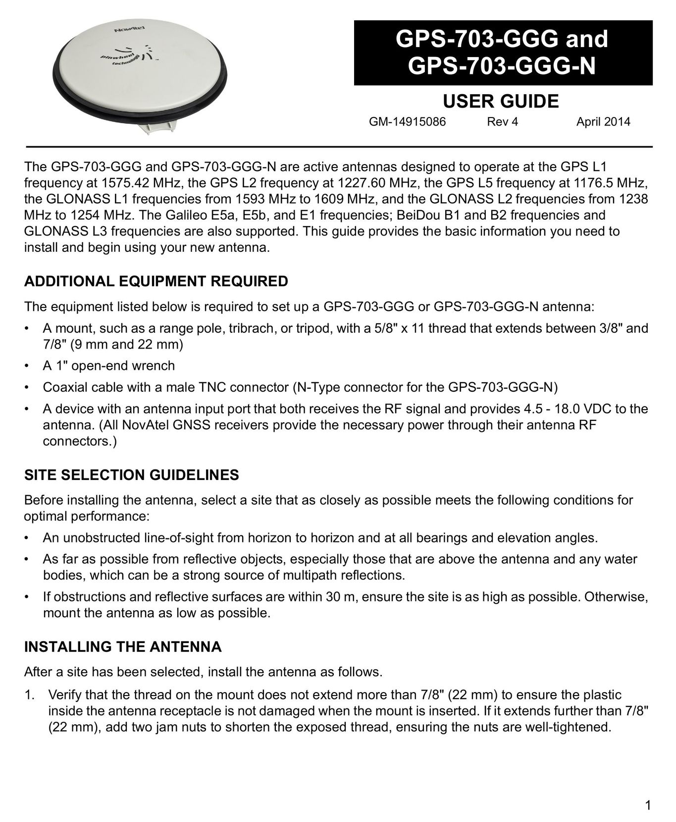 Novatel GPS-703-GGG-N Satellite Radio User Manual