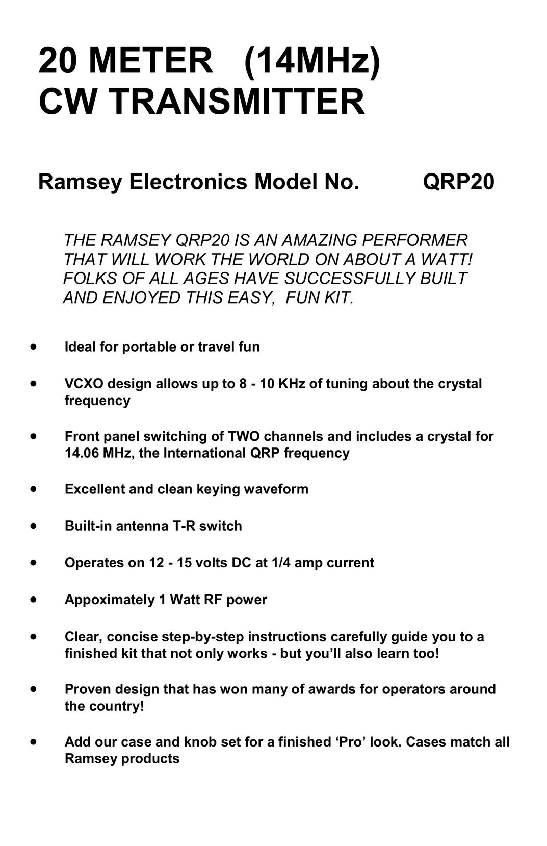 Ramsey Electronics QRP20 Satellite Radio User Manual