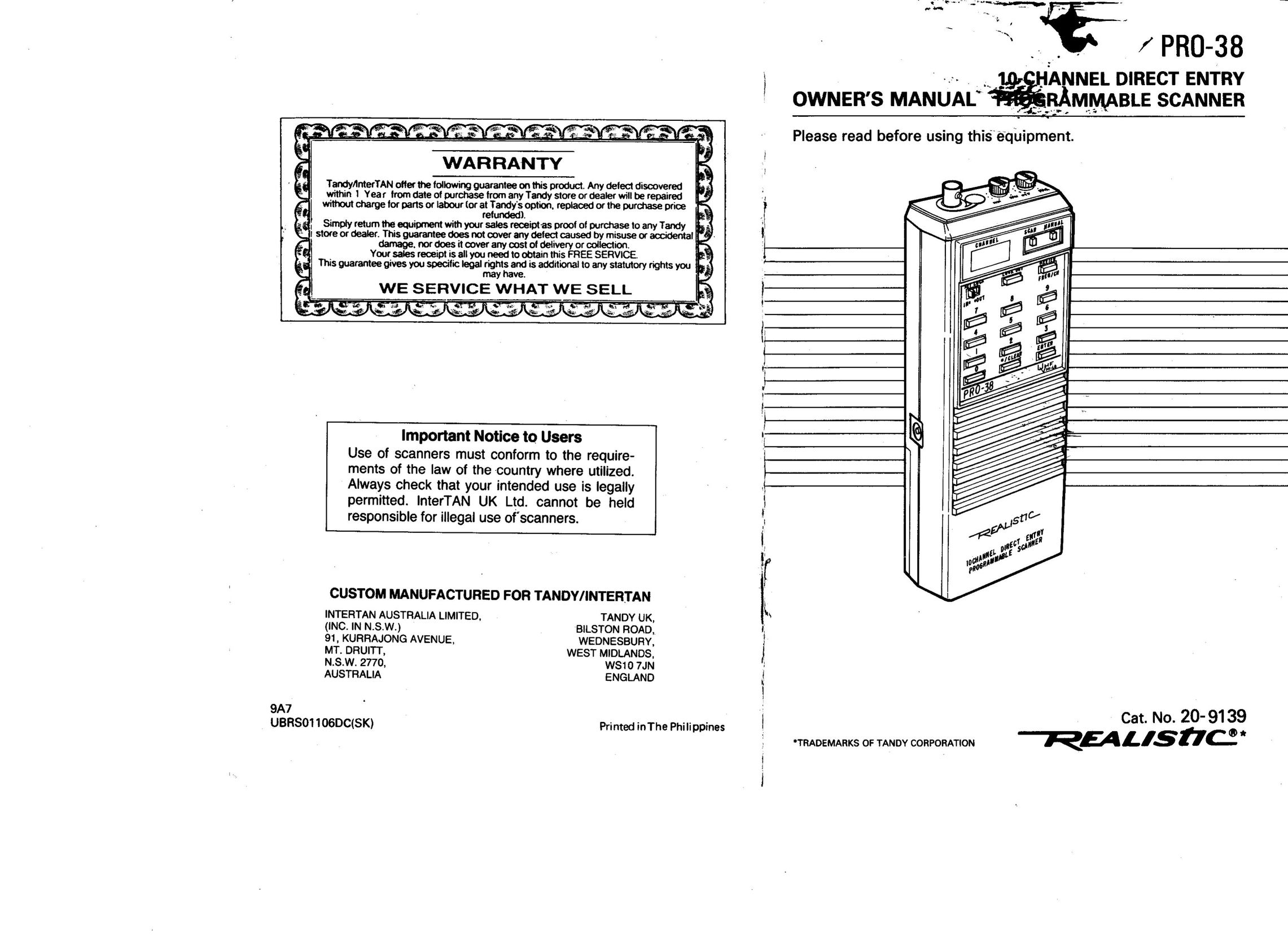 Realistic Pro-38 Satellite Radio User Manual