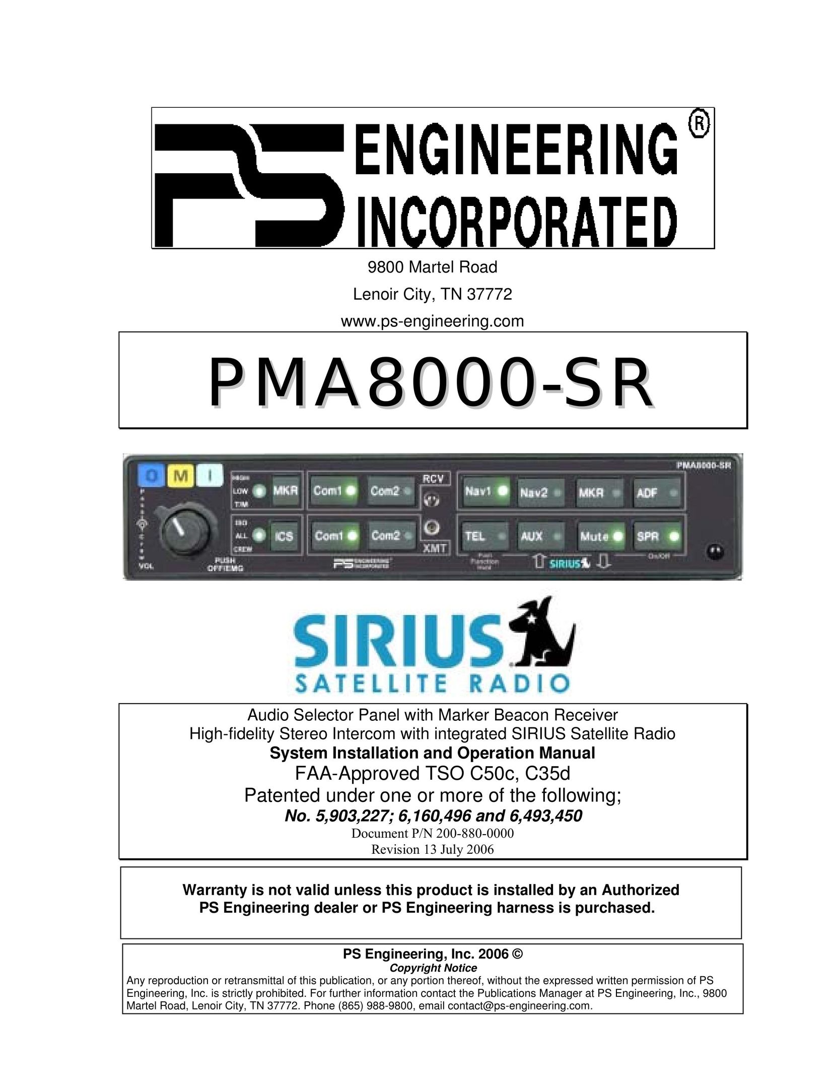 Sirius Satellite Radio PMA8000-SR Satellite Radio User Manual
