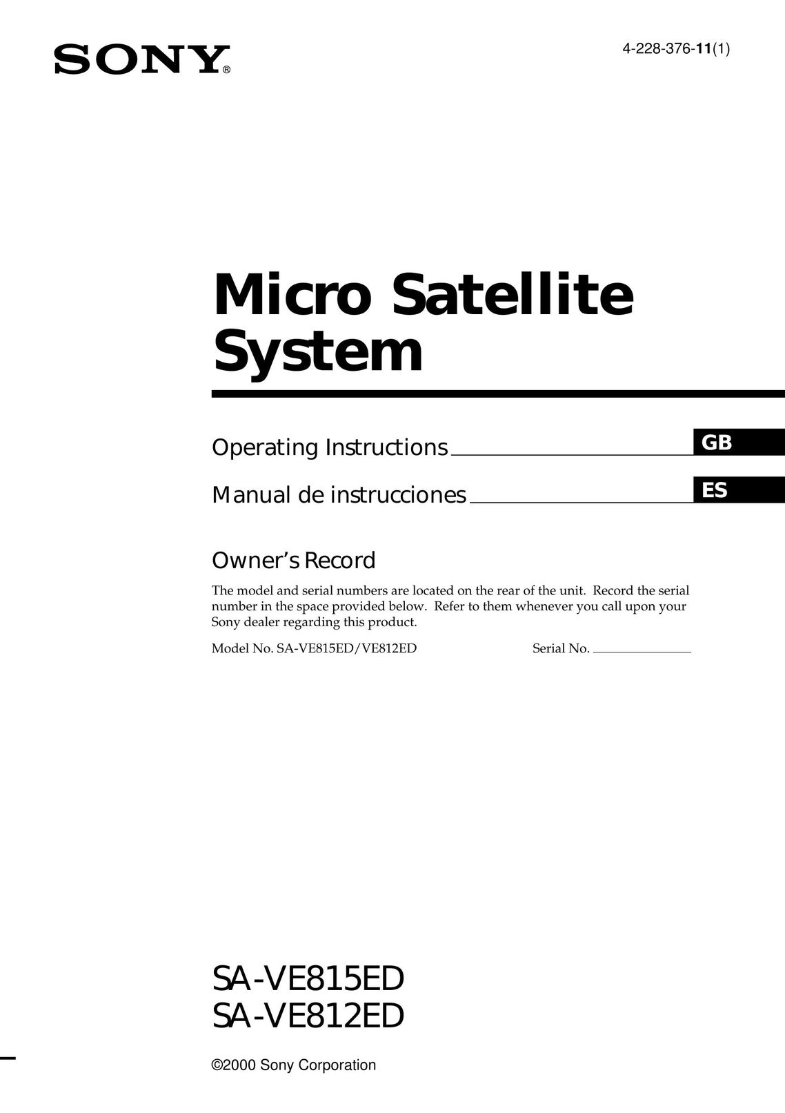 Sony SA-VE815ED Satellite Radio User Manual