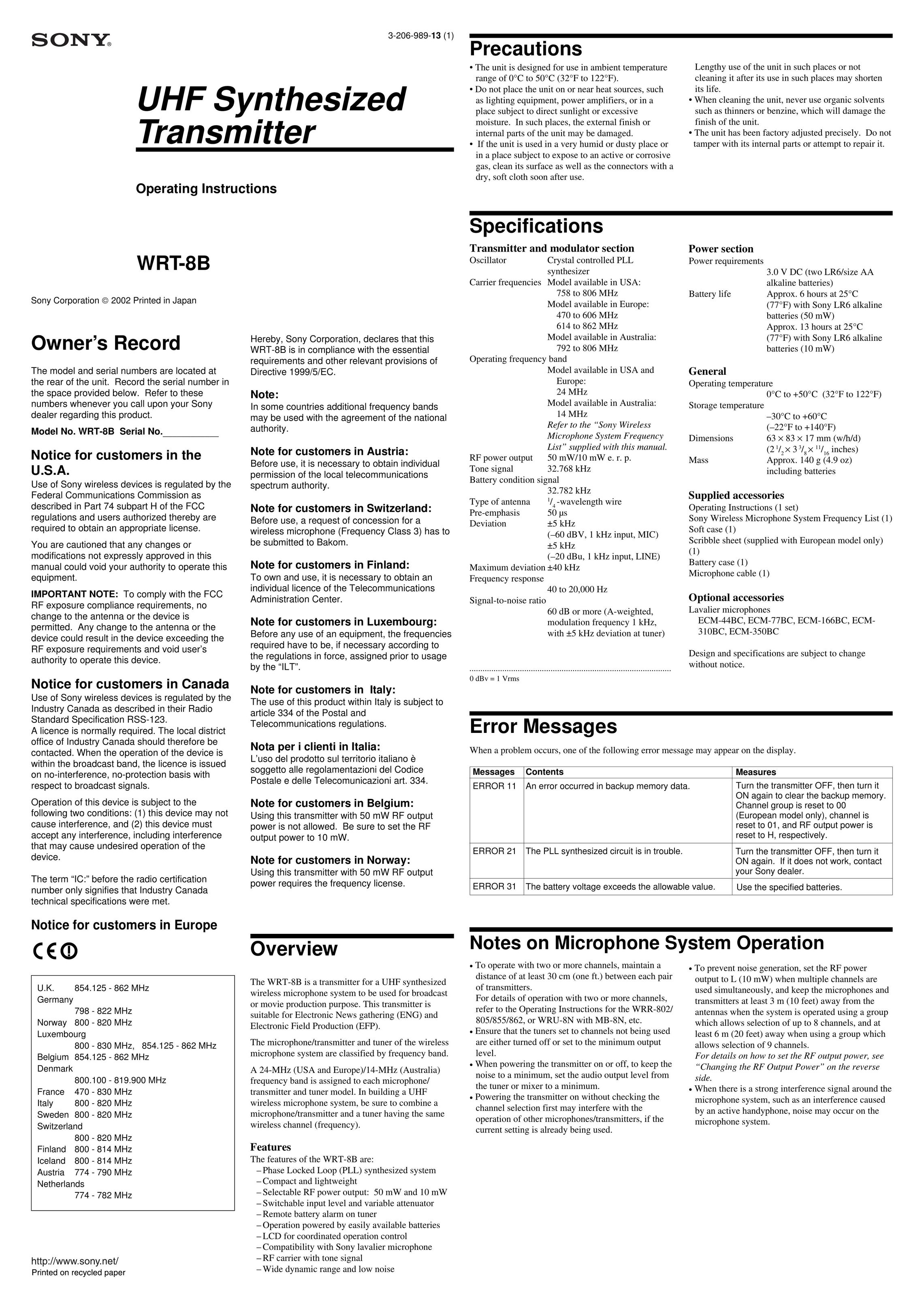 Sony WRT-8B Satellite Radio User Manual
