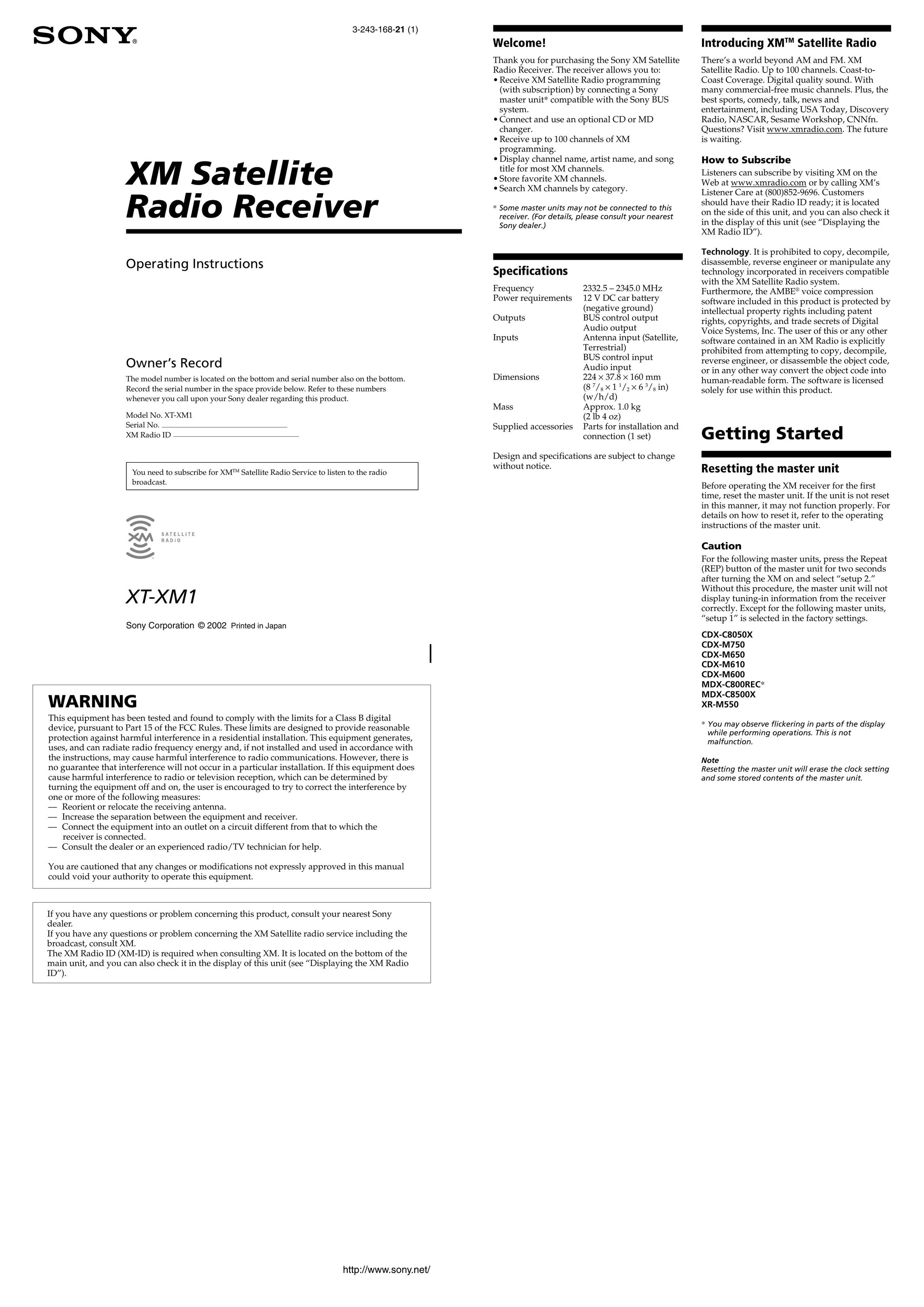 Sony XT-XM1 Satellite Radio User Manual