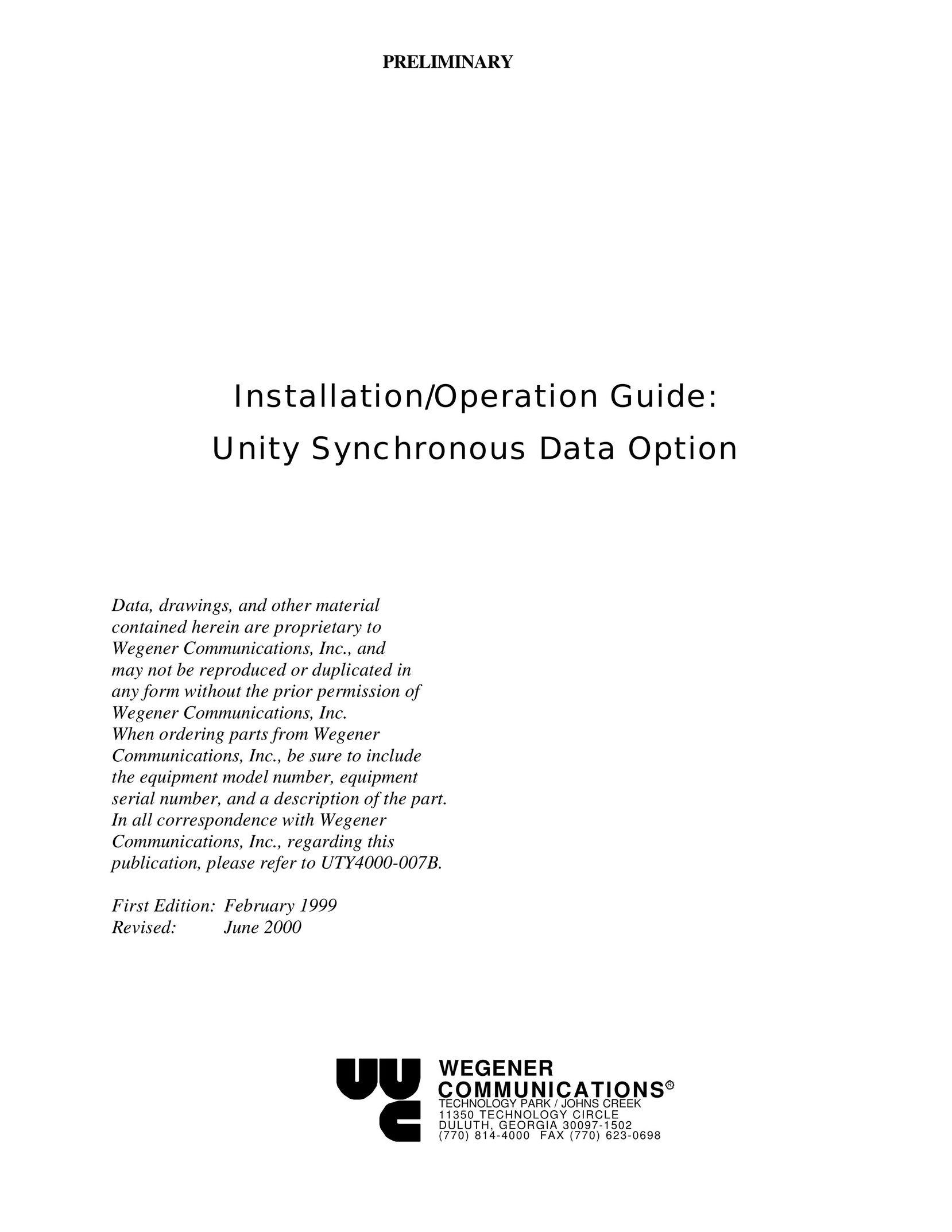 Wegener Communications Unity Satellite Receiver Model Unity Synchronous Data Option Satellite Radio User Manual