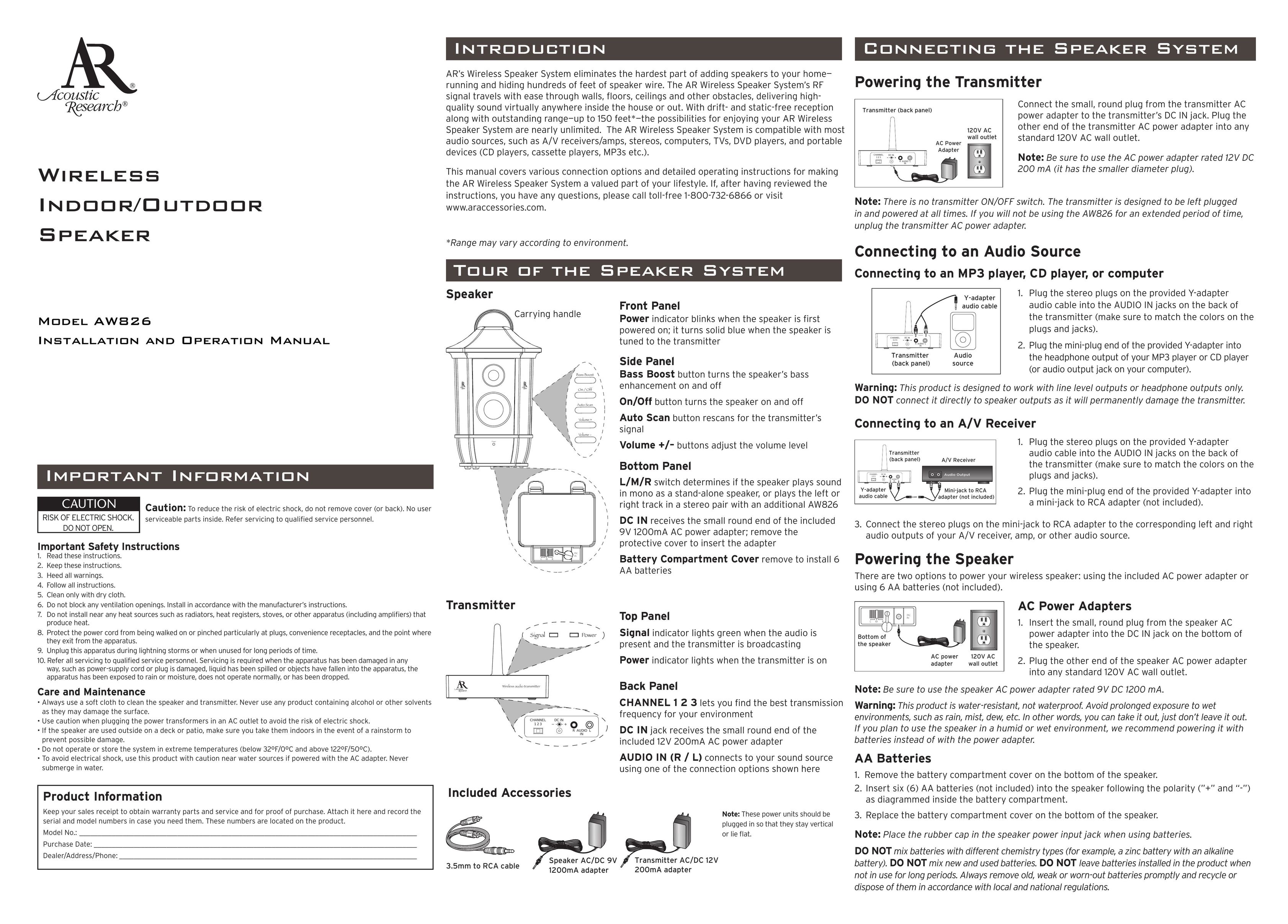 Acoustic Research AW826 Speaker User Manual