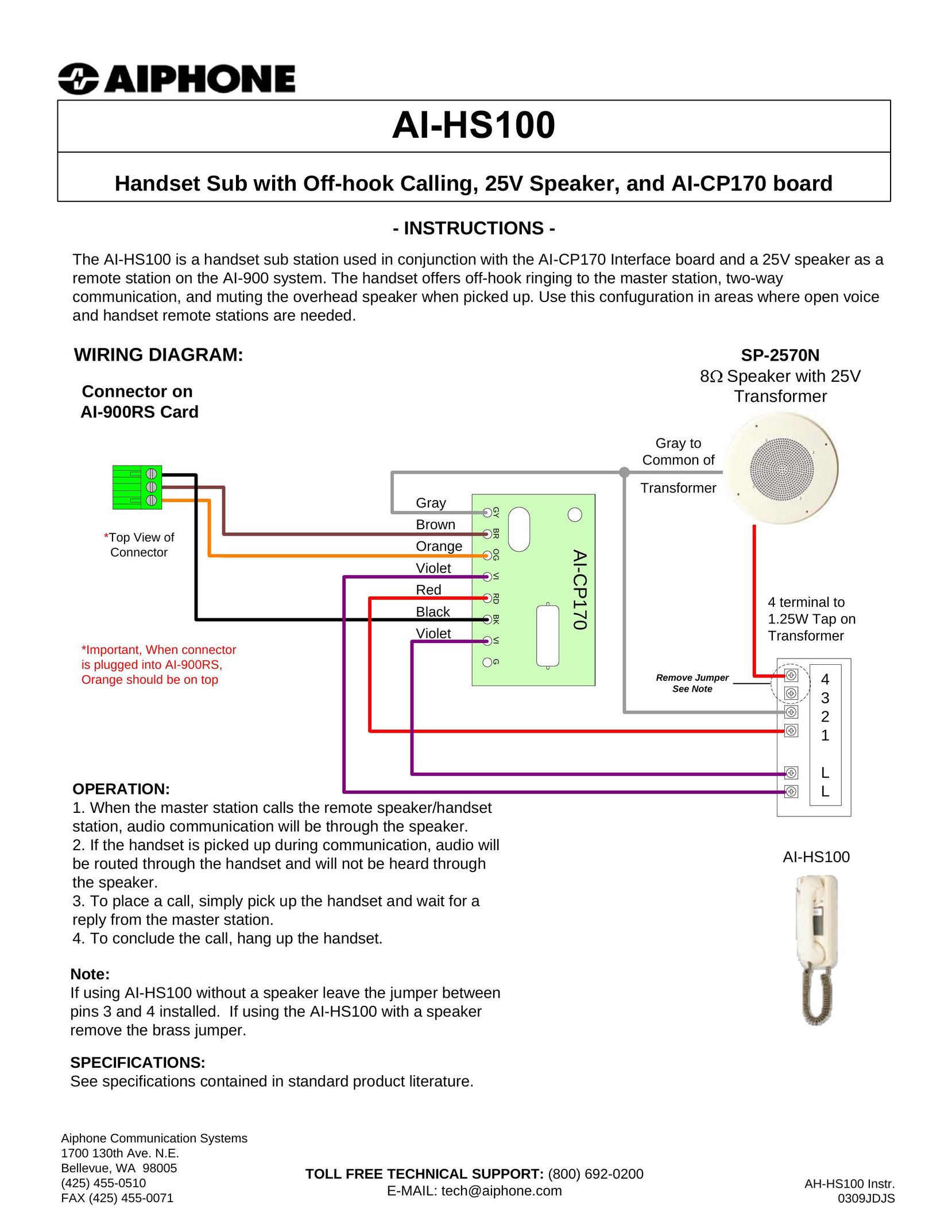 Aiphone AI-HS100 Speaker User Manual