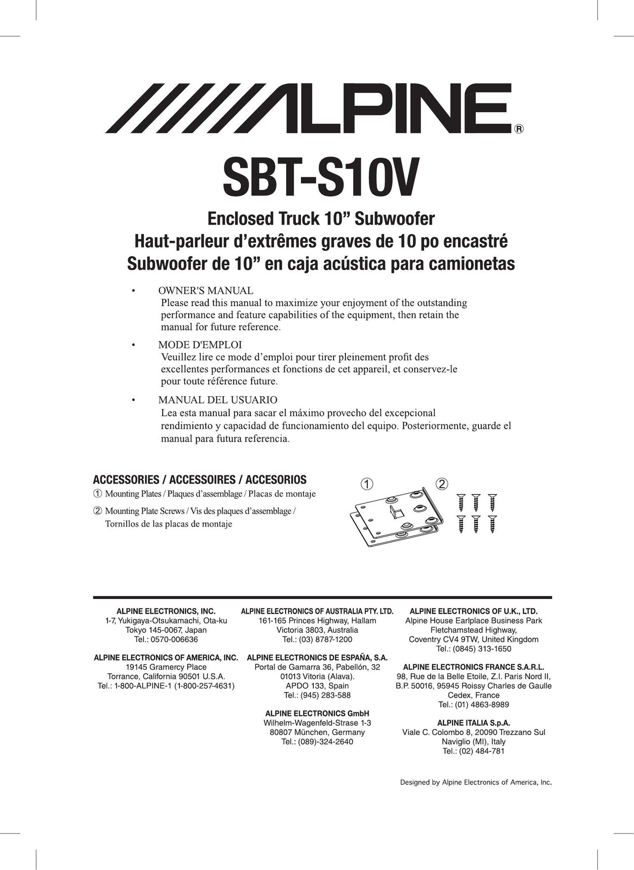 Alpine SBT-S10V Speaker User Manual