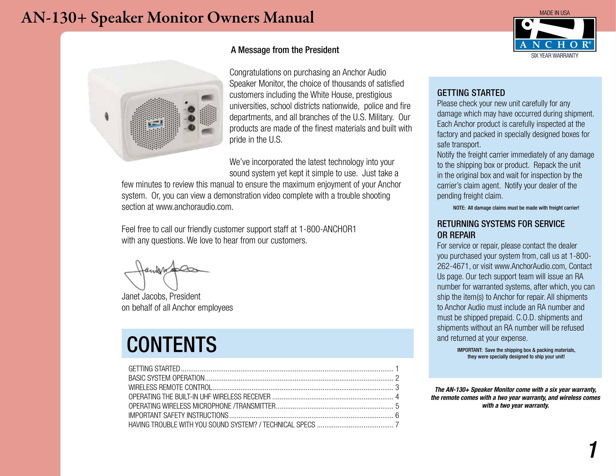 Anchor Audio AN-130+ Speaker User Manual