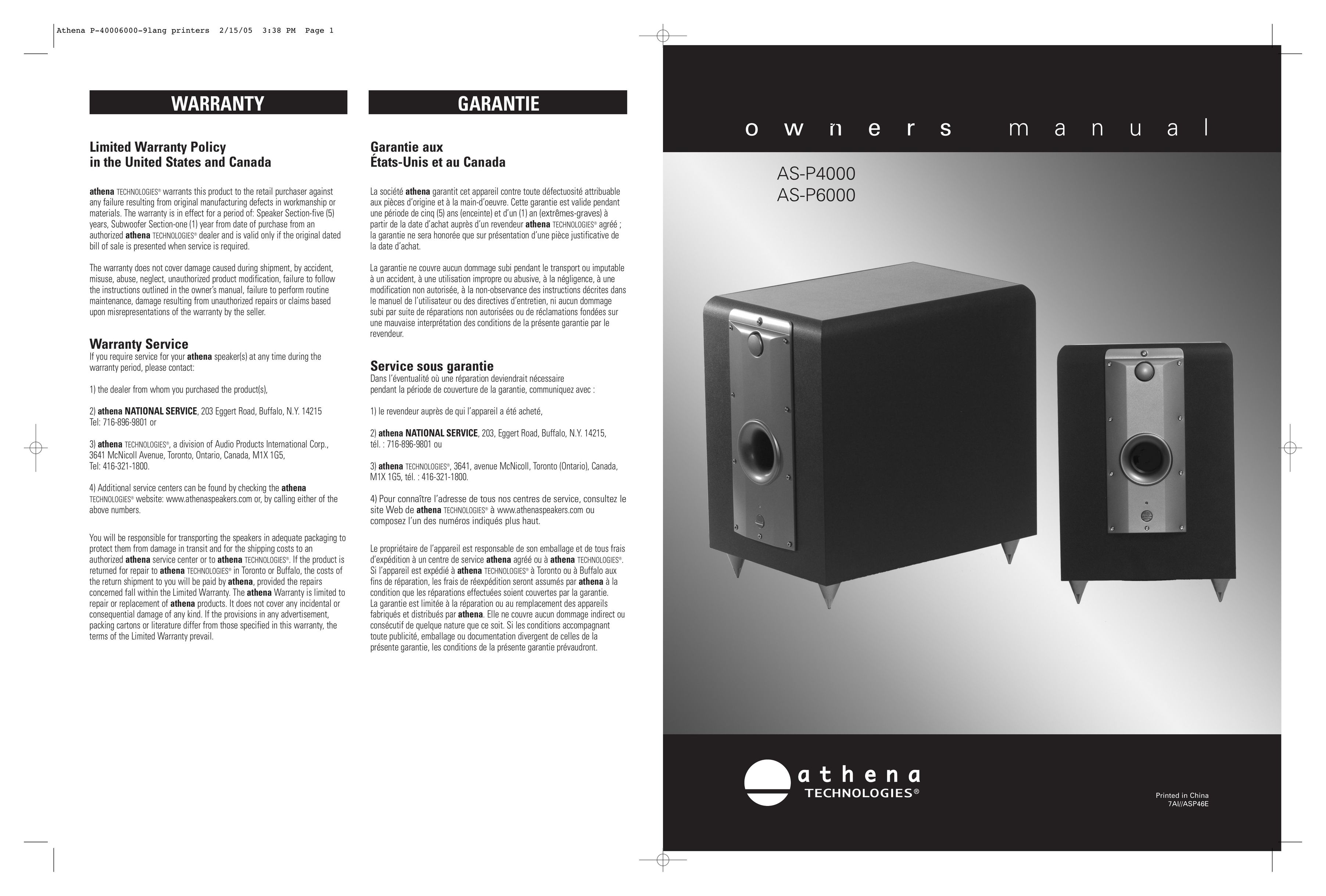 Athena Technologies AS-P6000 Speaker User Manual