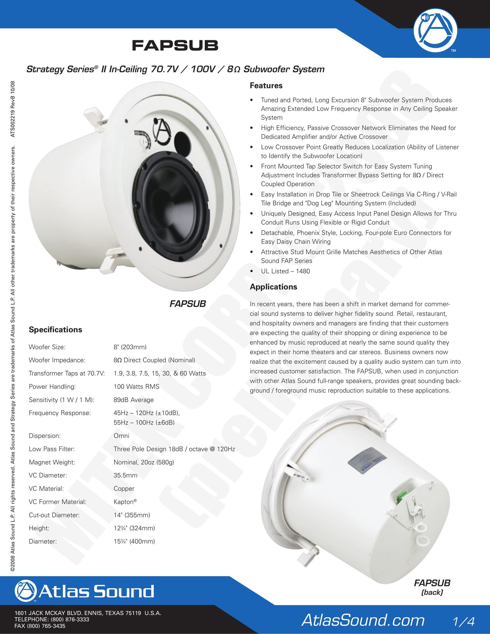 Atlas Sound 70.7V Speaker User Manual