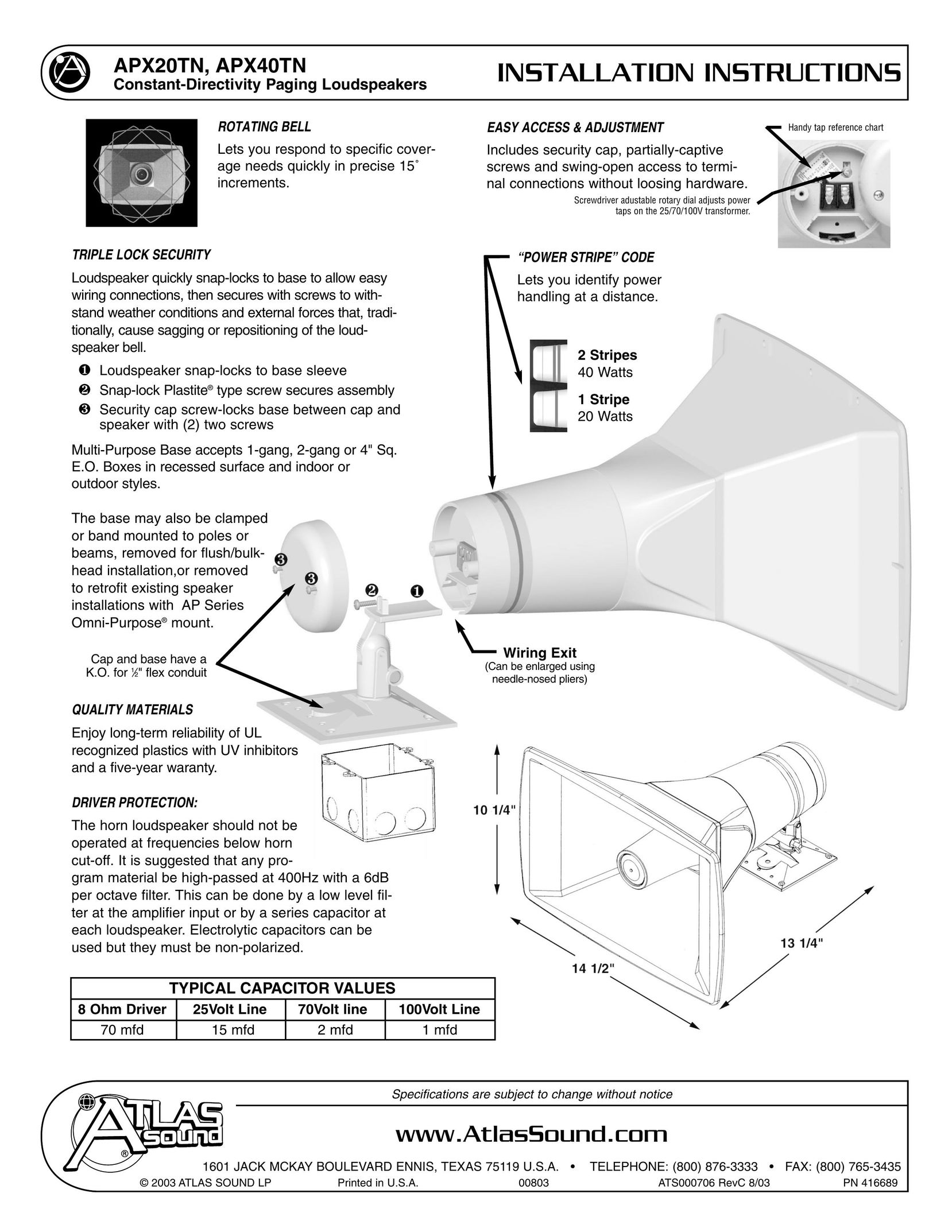 Atlas Sound APX20TN Speaker User Manual