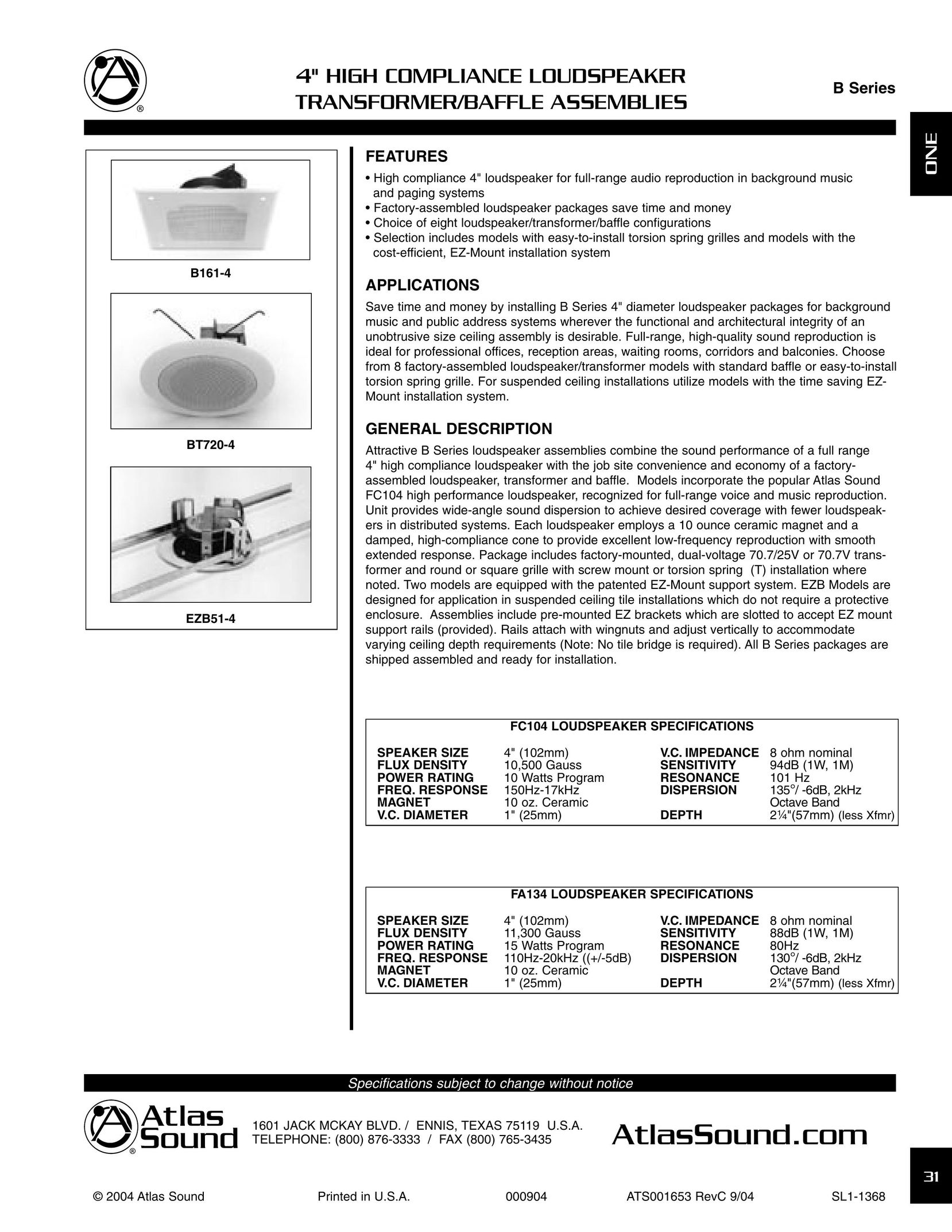 Atlas Sound BT720-4 Speaker User Manual