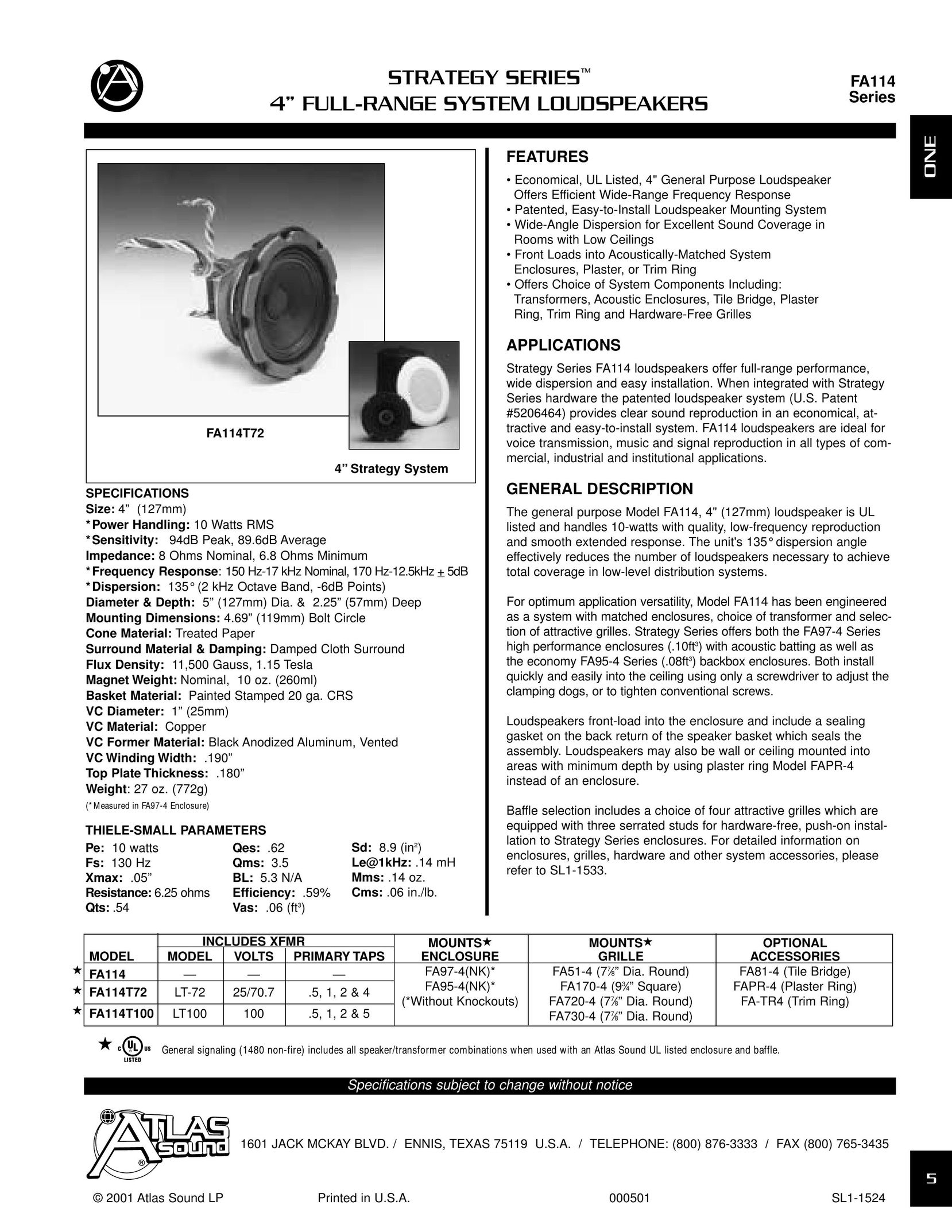 Atlas Sound FA114 Speaker User Manual