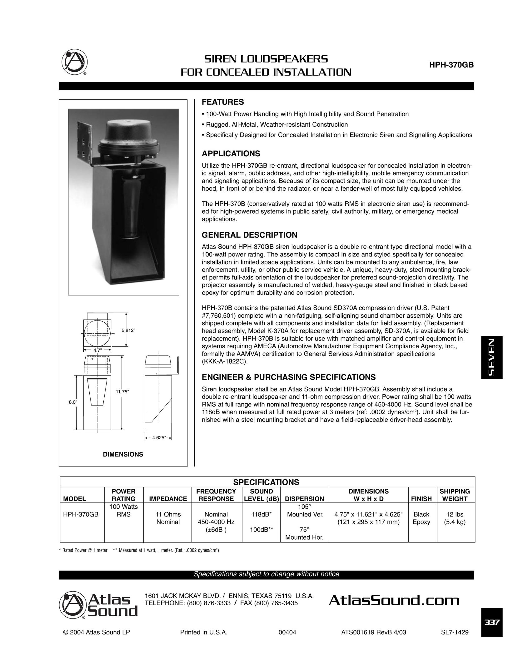 Atlas Sound HPH-370GB Speaker User Manual