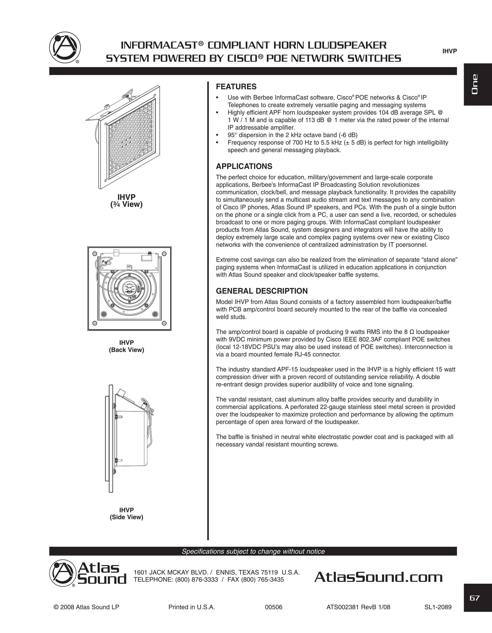 Atlas Sound IHVP Speaker User Manual