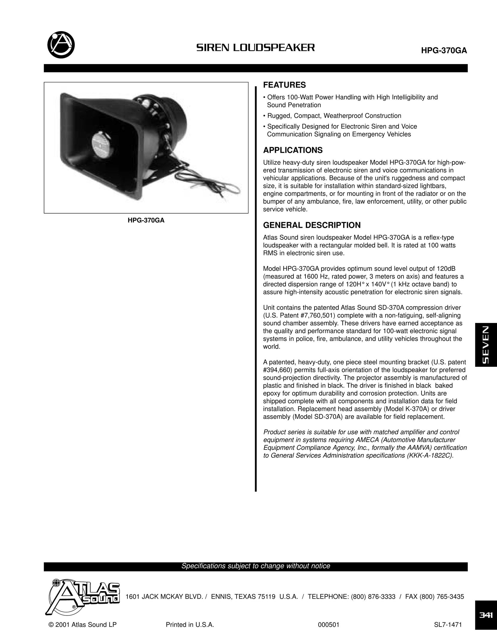 Atlas Sound K-370 Speaker User Manual