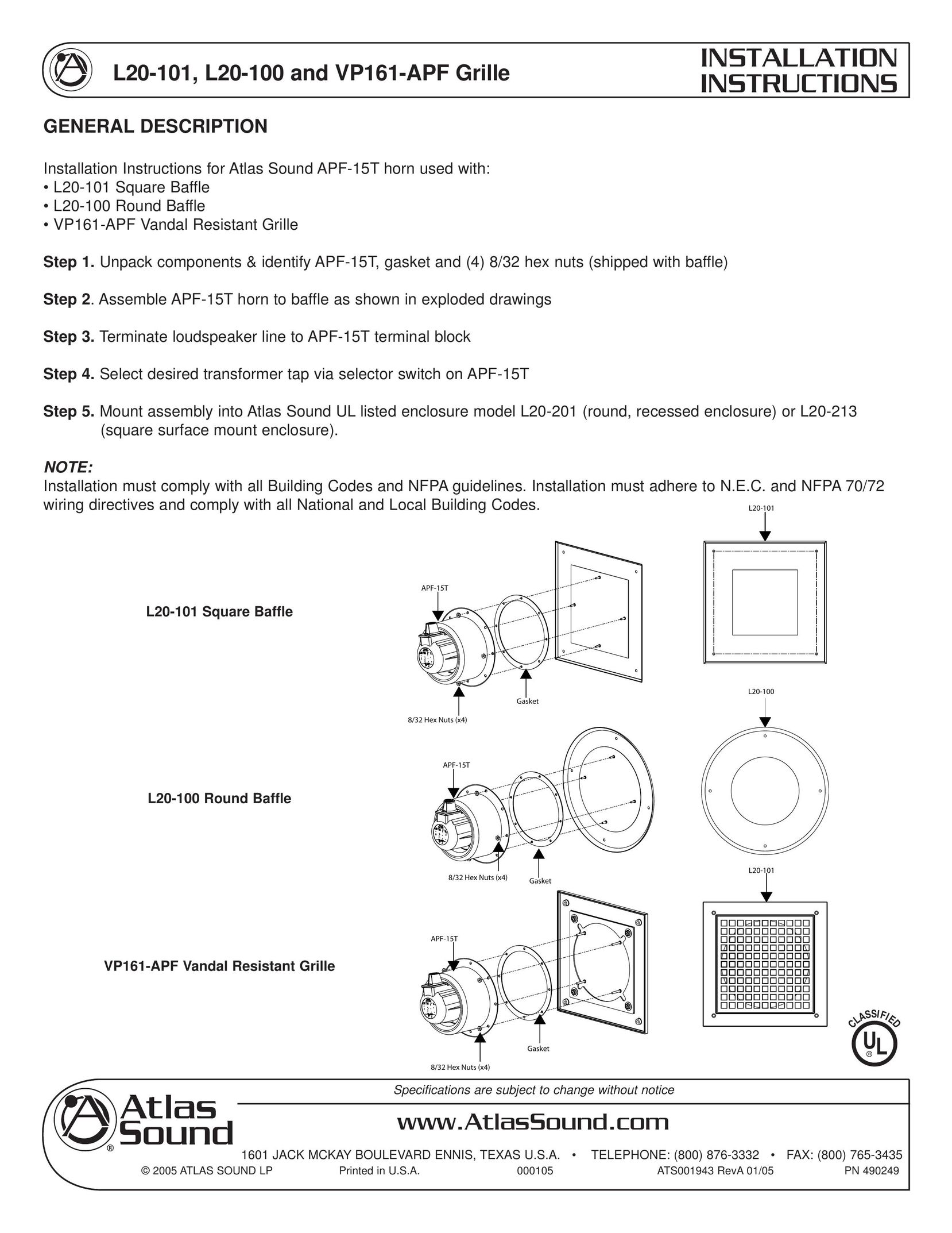 Atlas Sound L20-101 Speaker User Manual