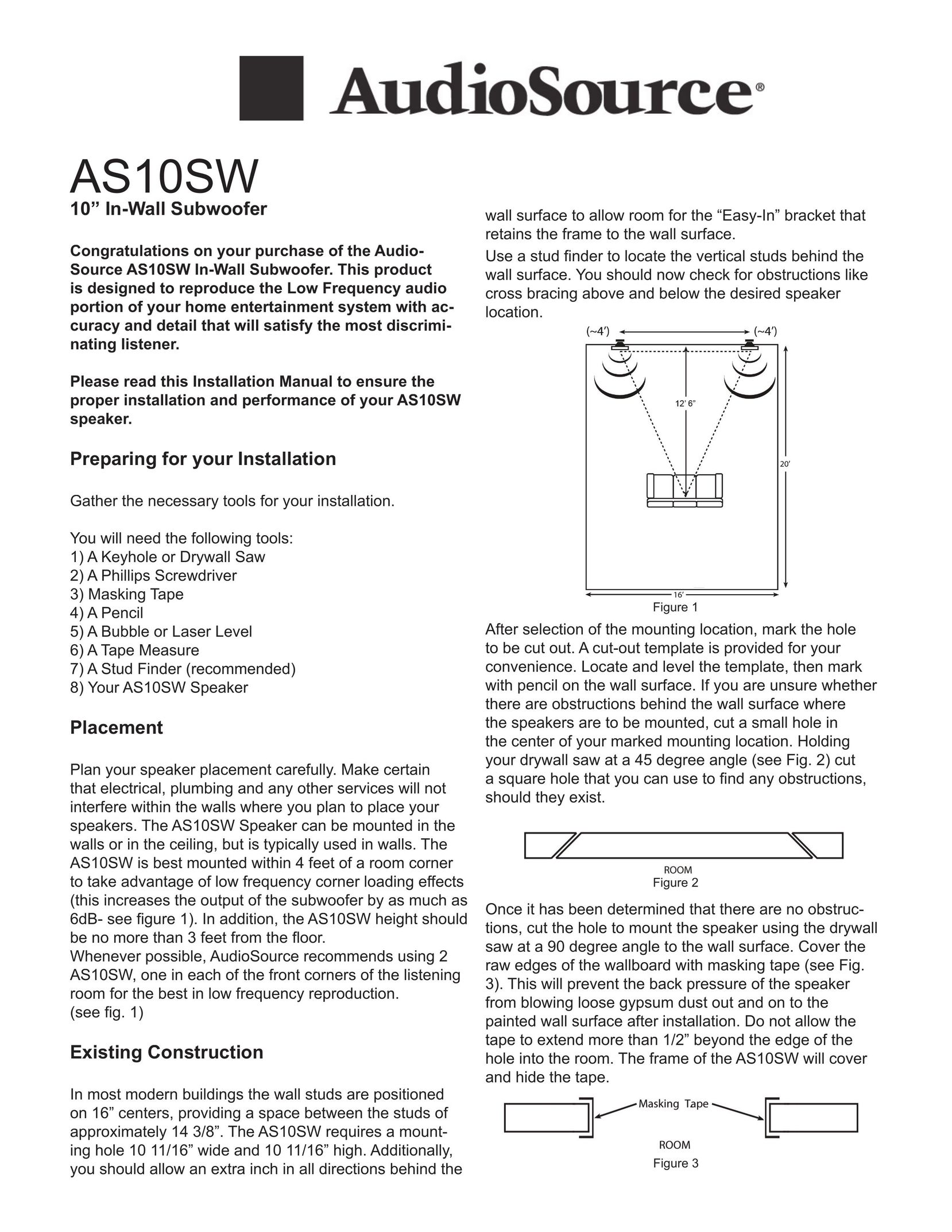 AudioSource 10" In-Wall Subwoofer Speaker User Manual