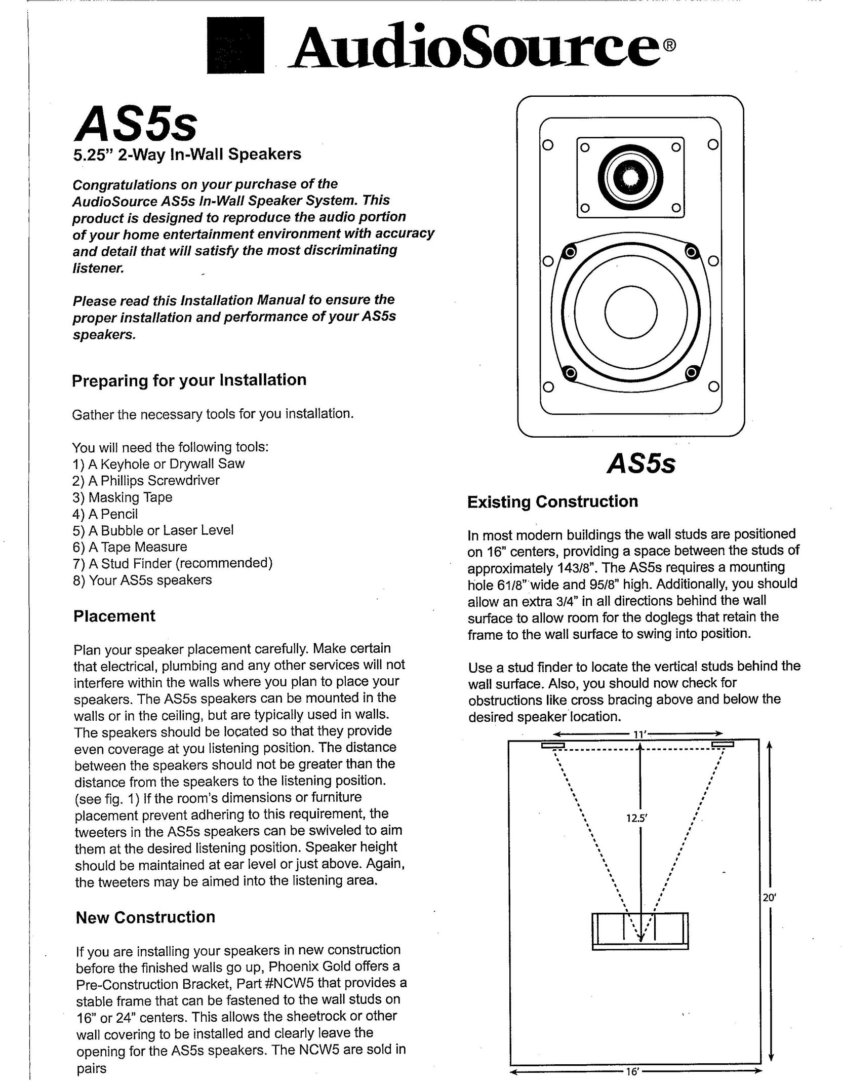 AudioSource 5.25" 2-Way In-Wall Speakers Speaker User Manual