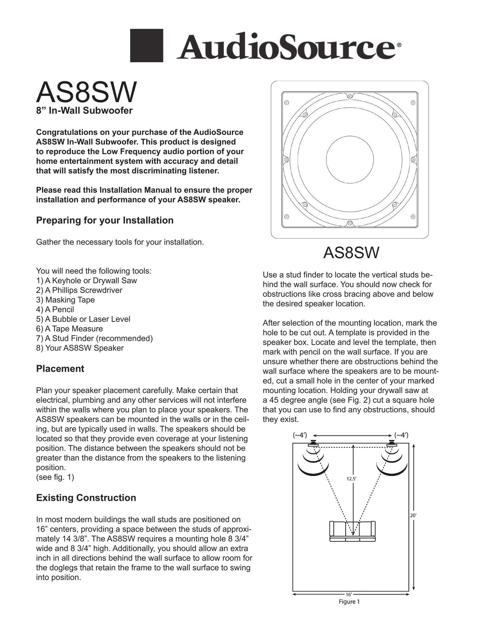 AudioSource 8 In-Wall Subwoofer Speaker User Manual