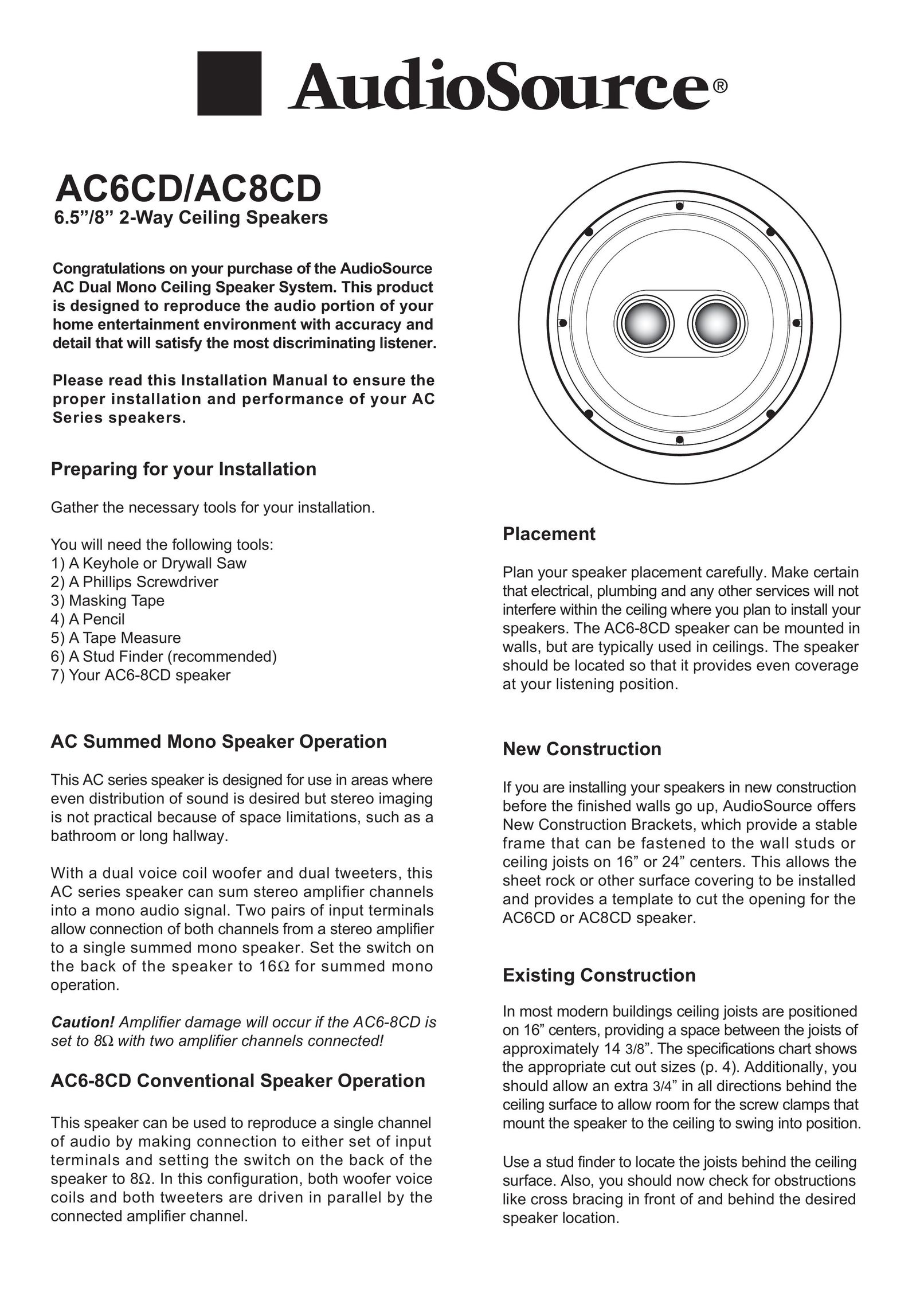 AudioSource AC8CD Speaker User Manual