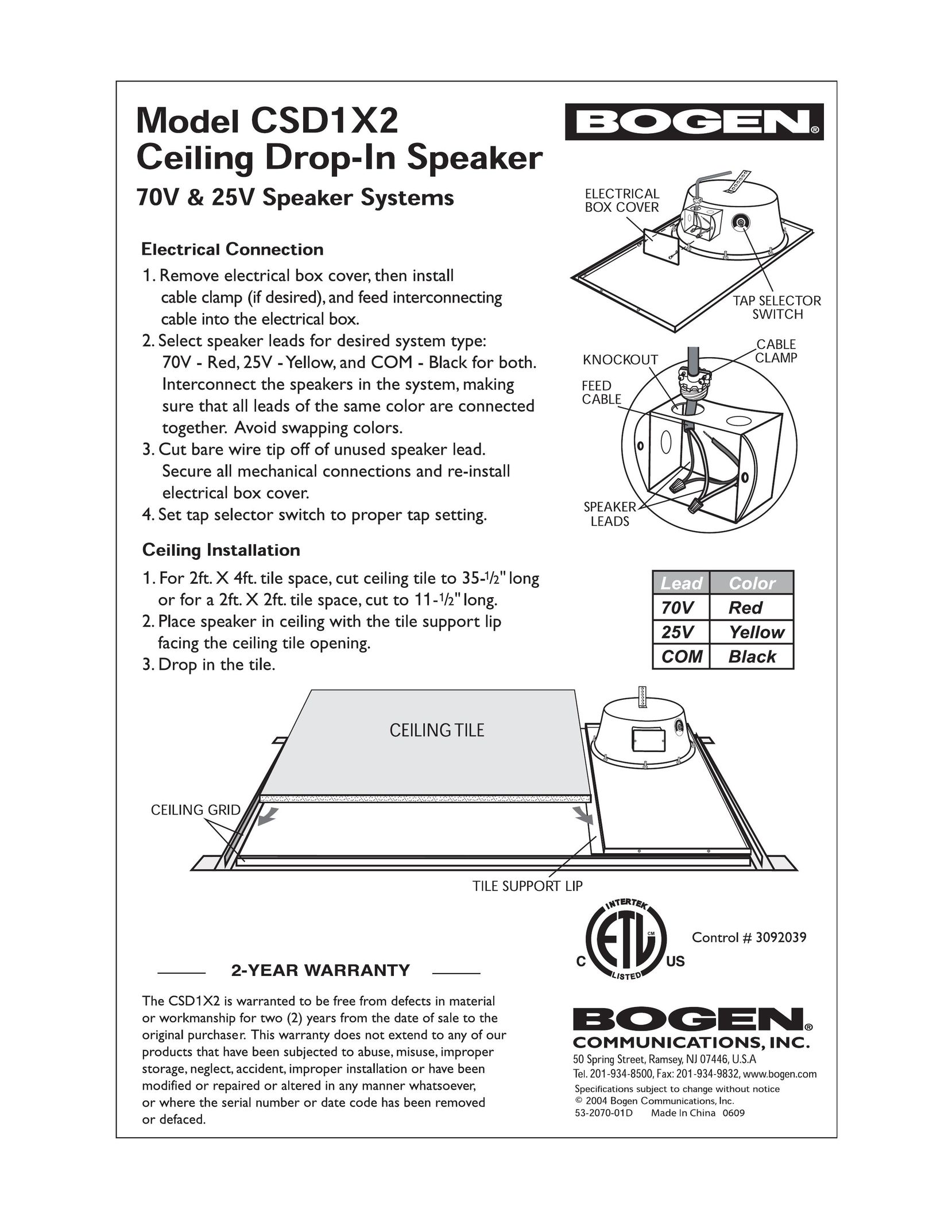 Bogen CSD1X62 Speaker User Manual