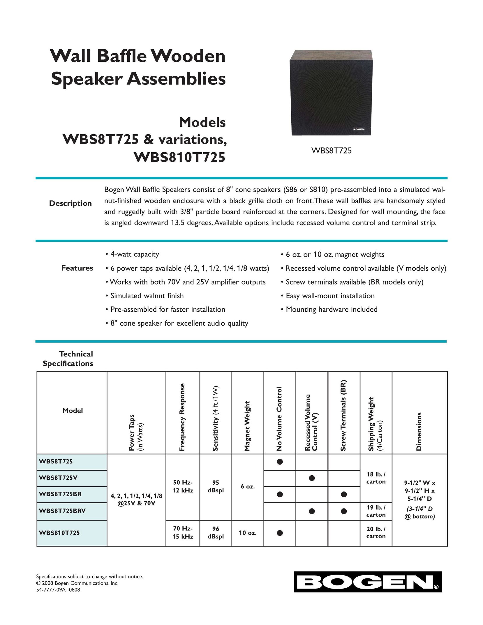 Bogen WBS8T725 Speaker User Manual