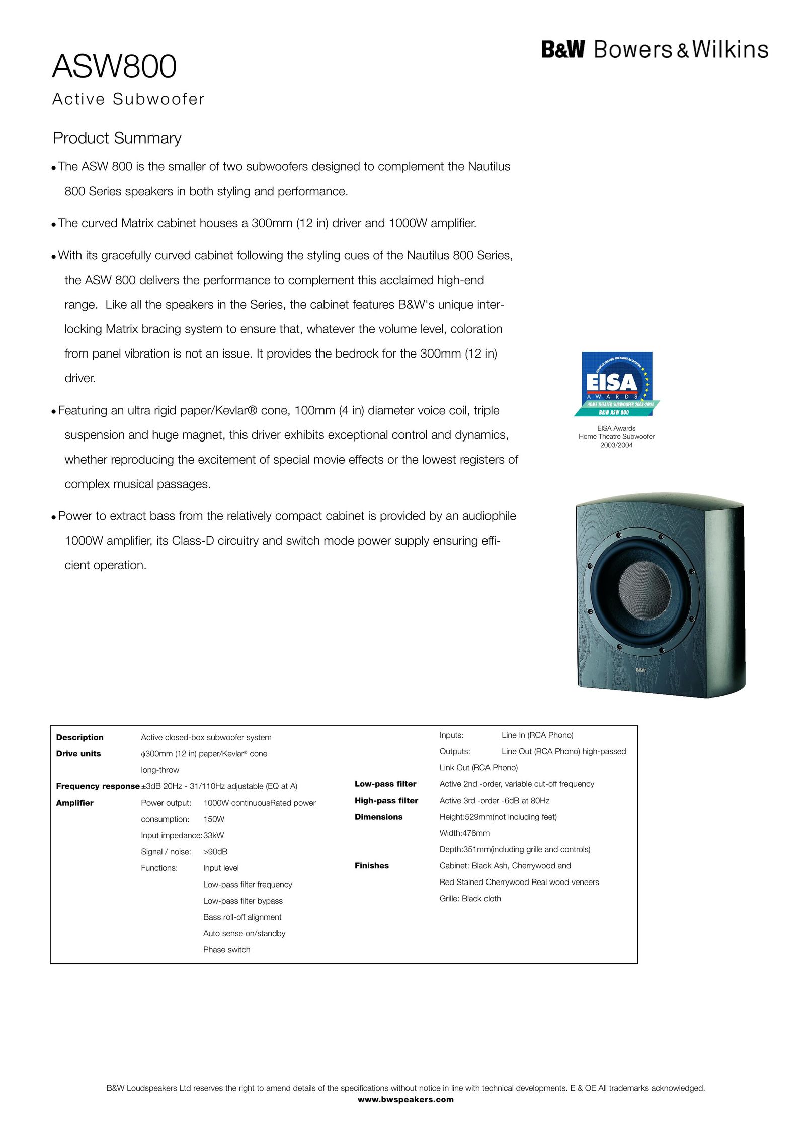 Bowers & Wilkins ASW800 Speaker User Manual