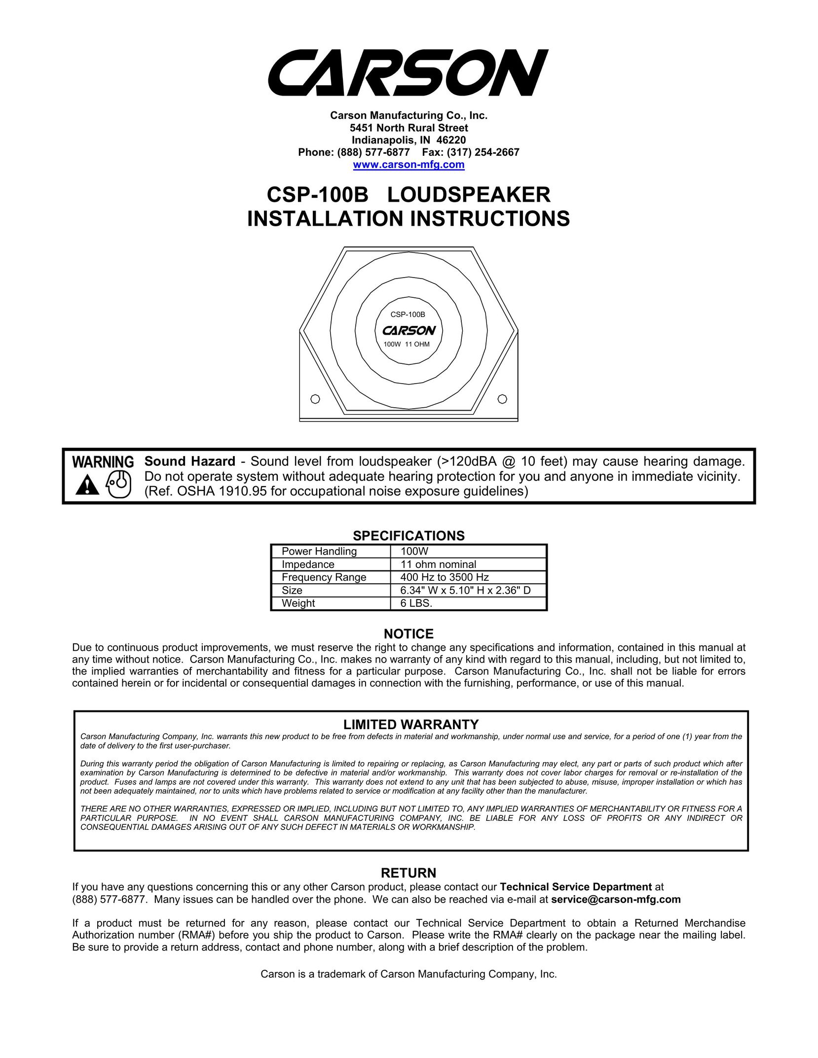Carson CSP-100B Speaker User Manual