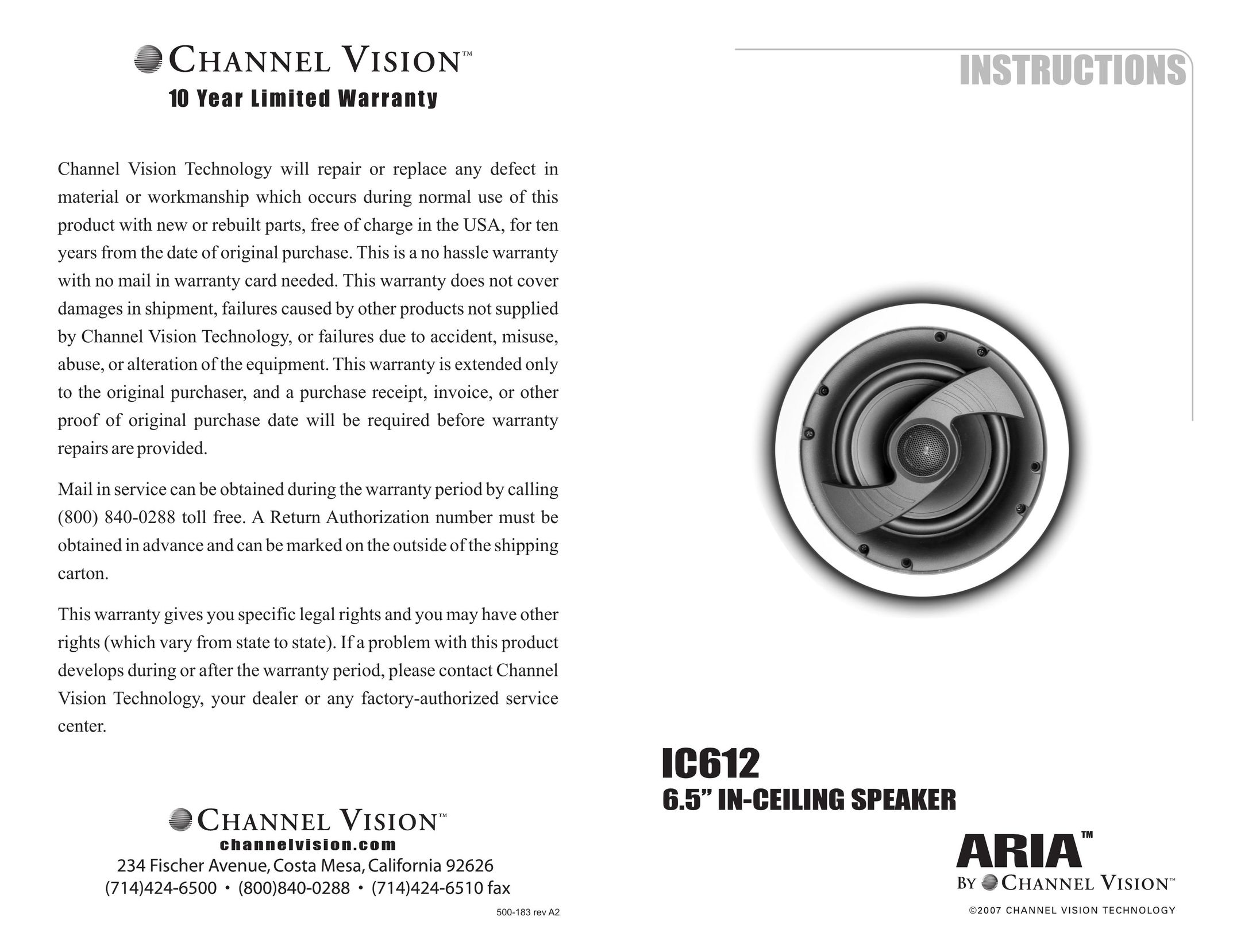 Channel Vision IC612 Speaker User Manual