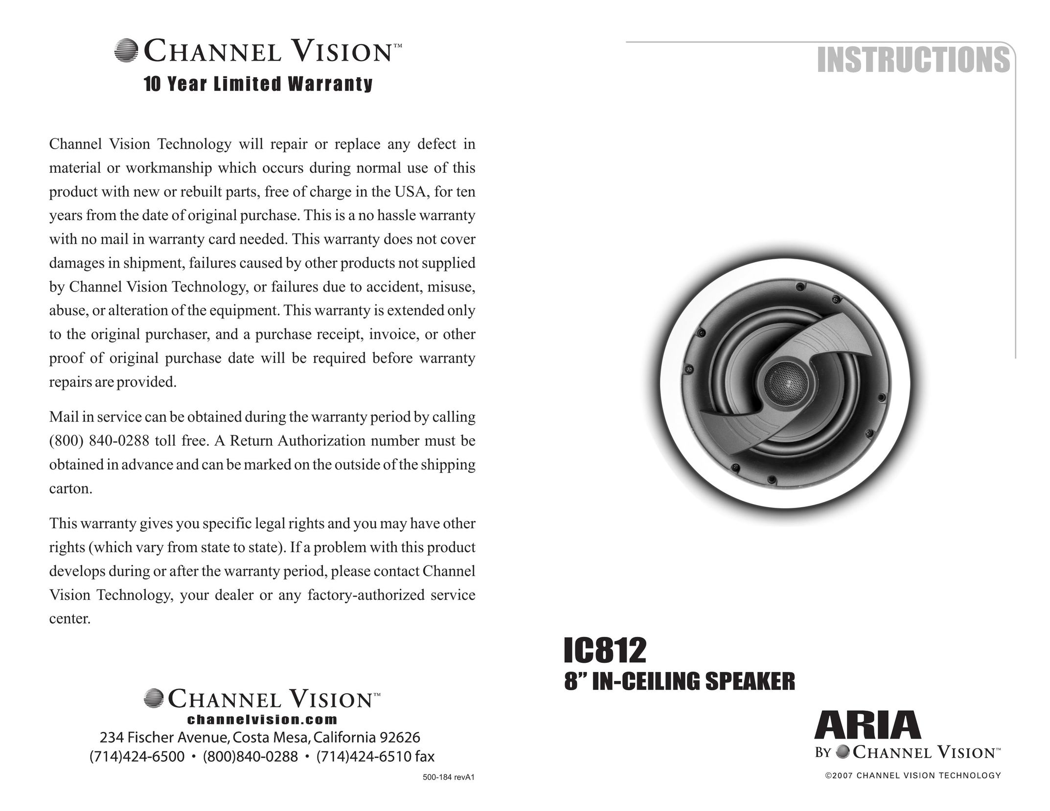 Channel Vision IC812 Speaker User Manual