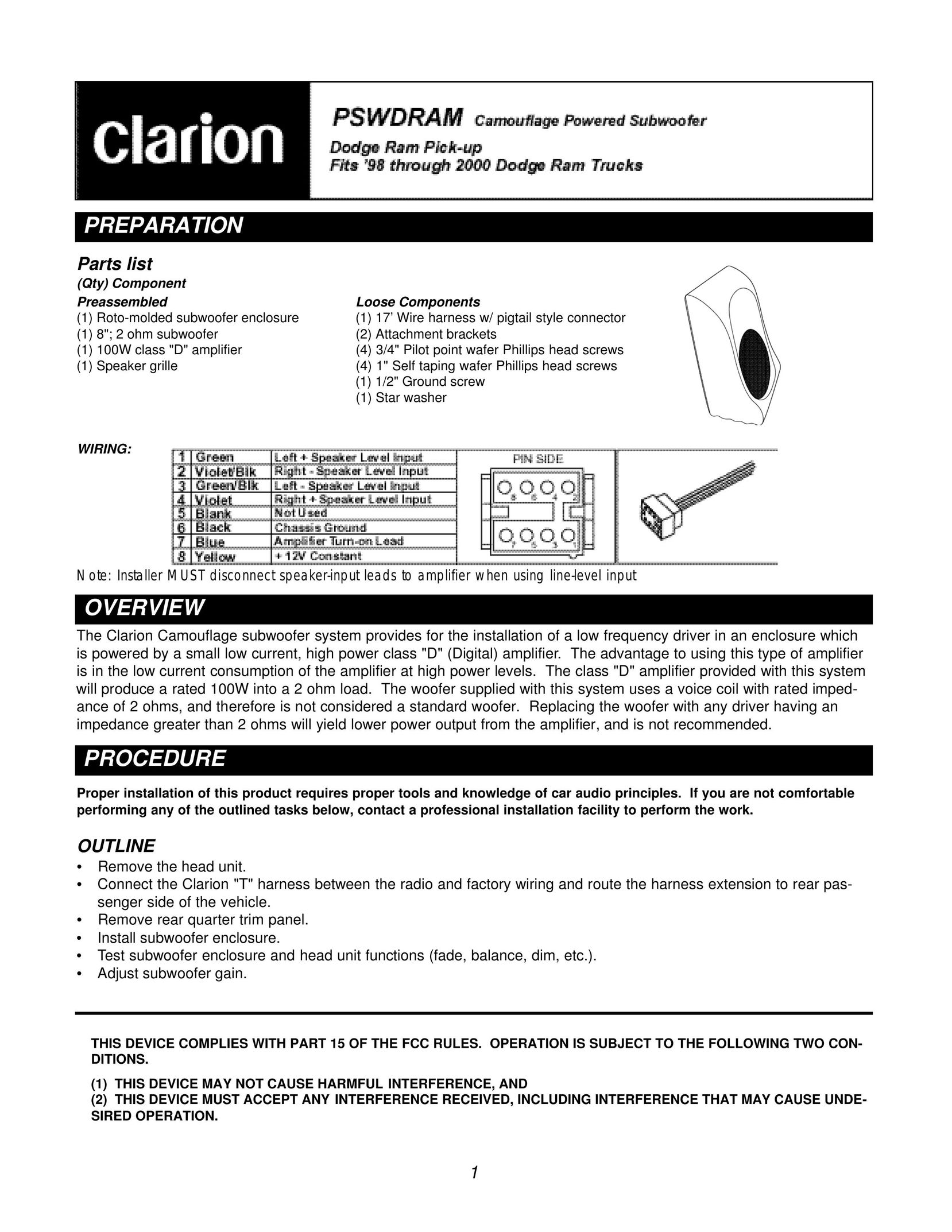 Clarion PSWDRAM Speaker User Manual