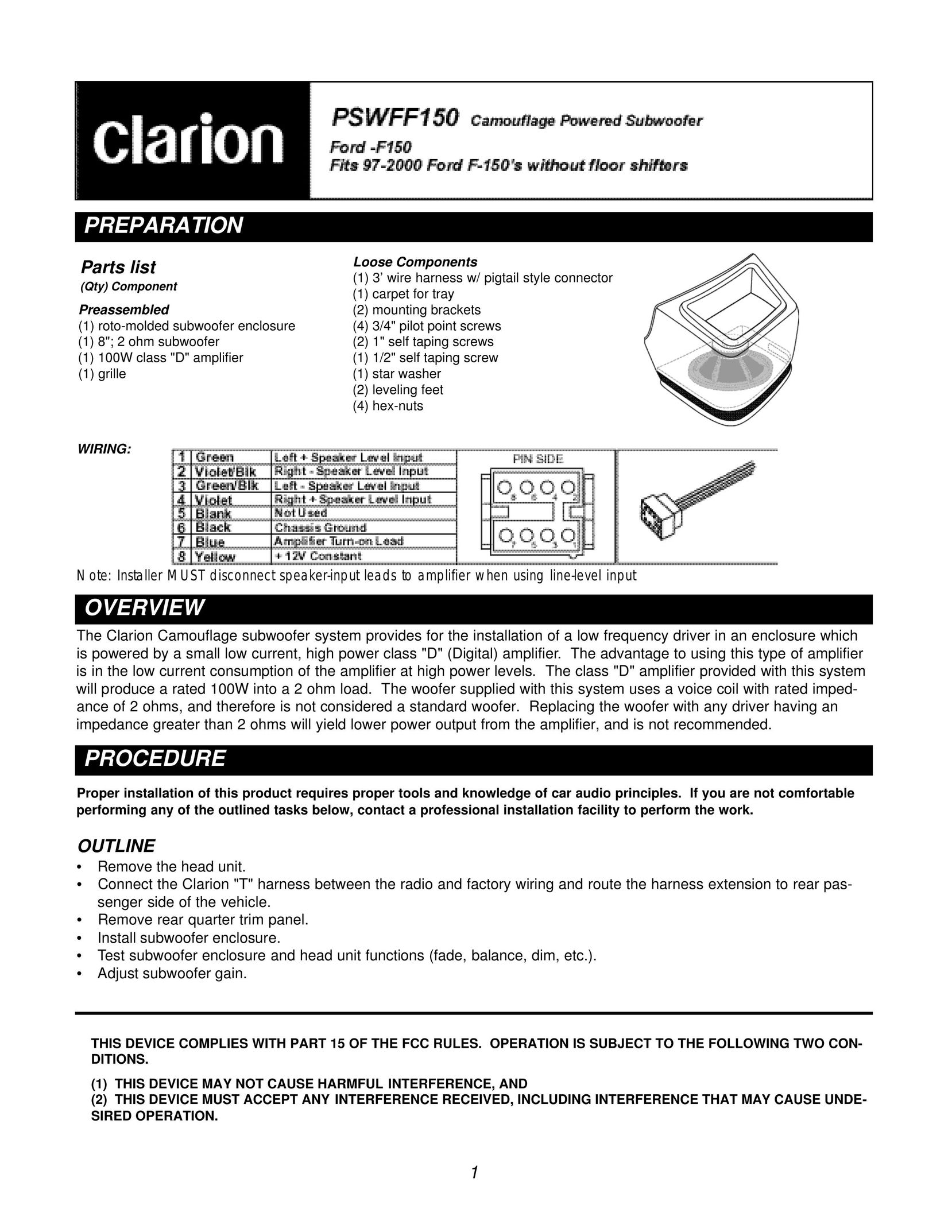 Clarion PSWFF150 Speaker User Manual